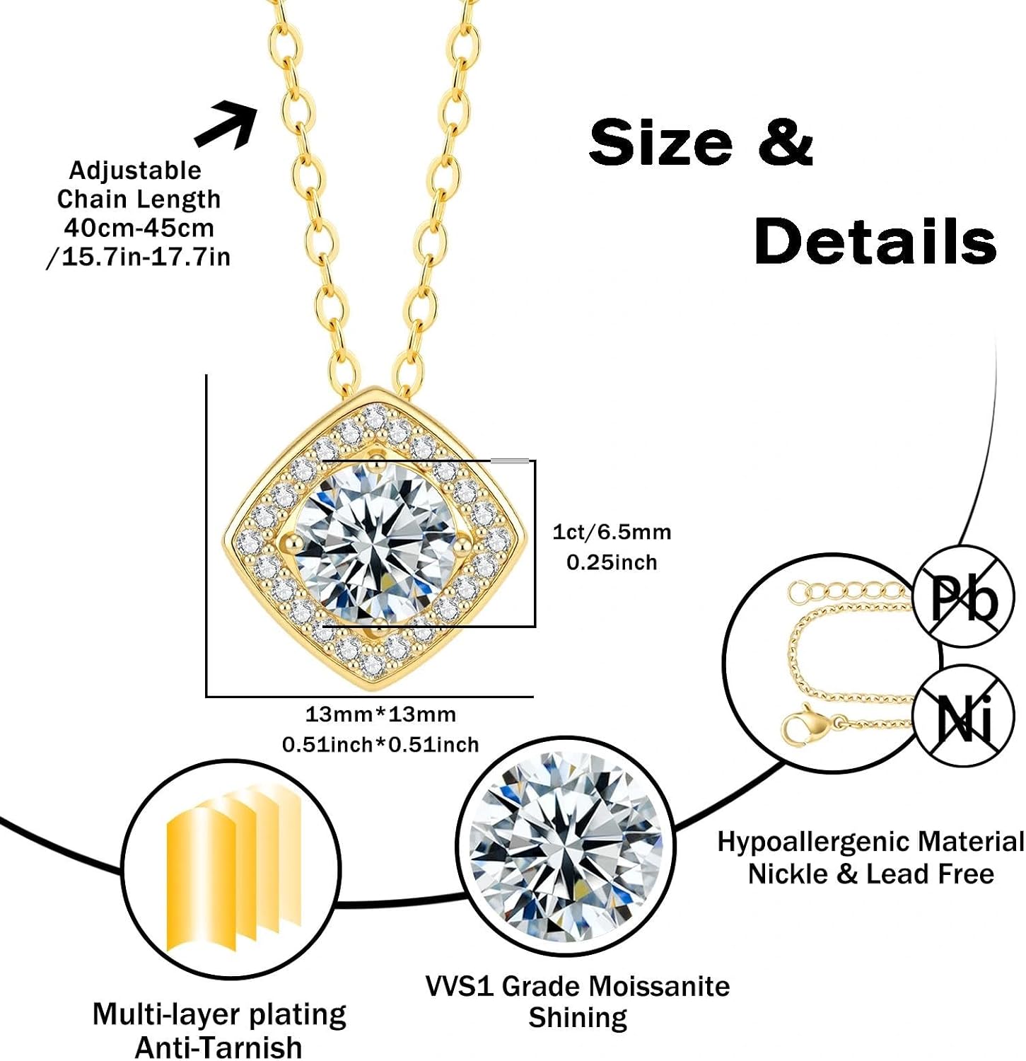 Elegant Square Halo Moissanite Pendant Necklace for Women, 1ct VVS1, 14K Gold Plated, Hypoallergenic, Adjustable 40-45cm Chain, Anti-Tarnish Gift image 4