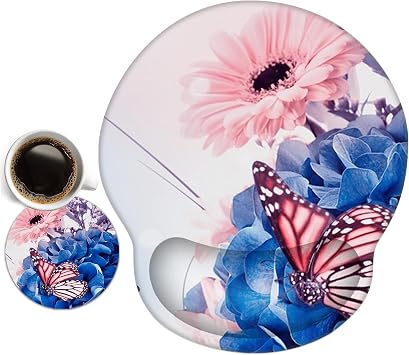 AIMSA Mouse Pad with Wrist Support, Ergonomic Wrist Rest Comfortable Gel Mouse Pad Non-Slip PU Base Memory Foam,Pain Relief Mousepad for Office Home Working Studying Butterfly Flower