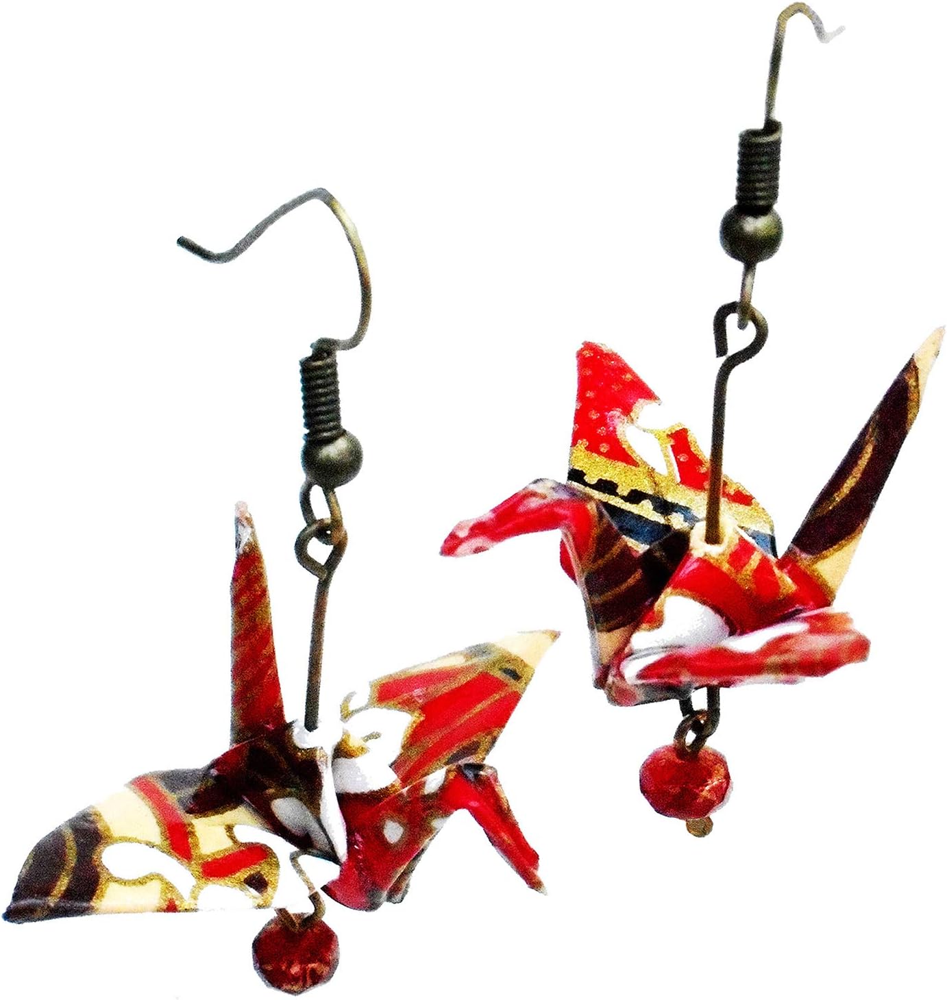 Origami Good Luck Paper Crane Earrings, Red Cream w/Czech Glass Bead, Birthday 1st Anniversary Birthday Gift
