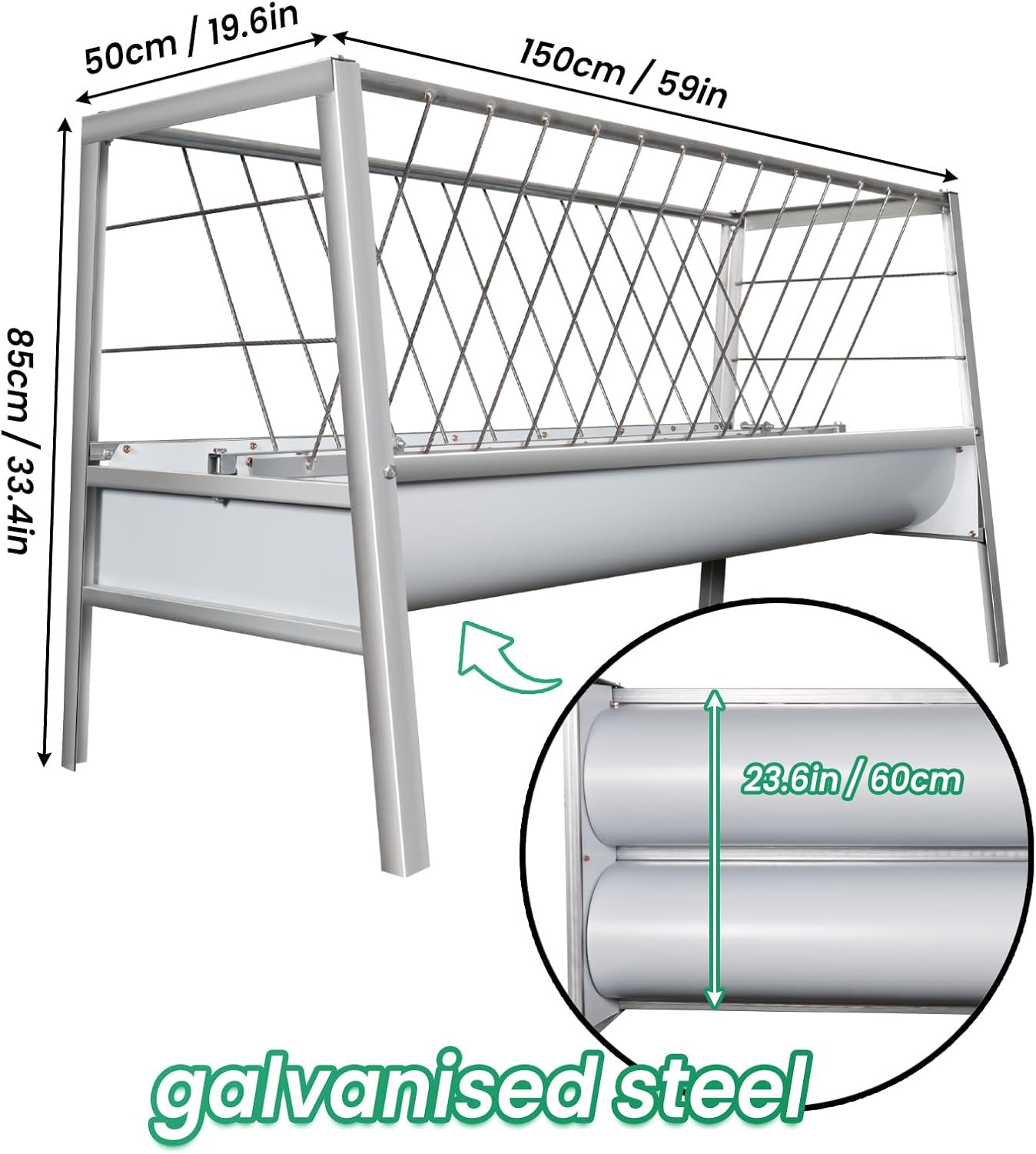77Gal Heavy-Duty Galvanized Steel Hay Feeder for Goats & Horses, 2-in-1 Large Capacity Feeder/Farm/Trough with Smooth Edges, 14-Livestock Feeding, Ranch/Poultry Use, Weatherproof & Rust-Proof Design