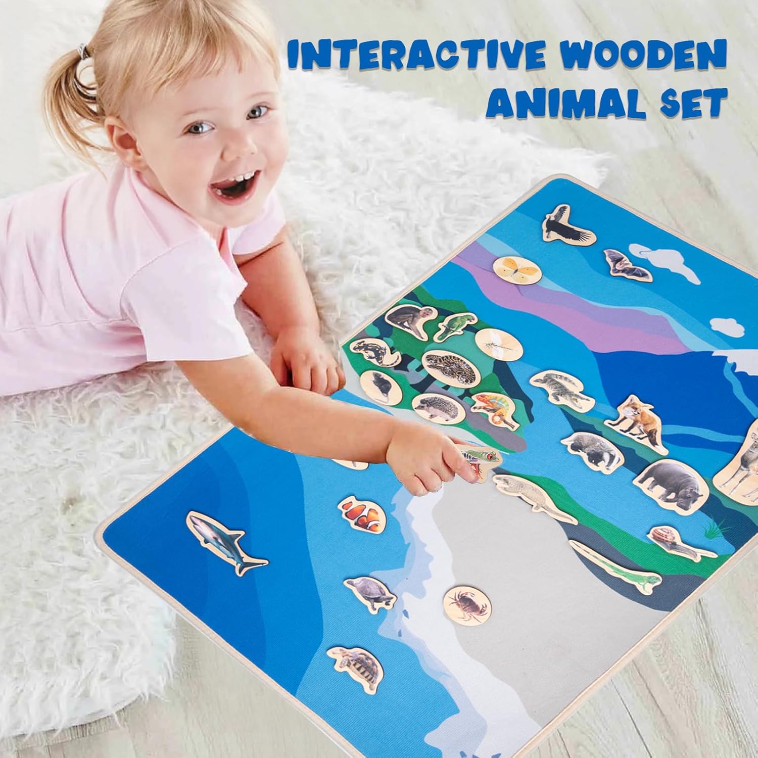 Montessori Land and Water Map with 25 Wooden Animals - Learning Geography and Zoology Mat Educational Toys,Interactive Learning Tool,World Map for Kids,Montessori Map for Kids 4-8 Years