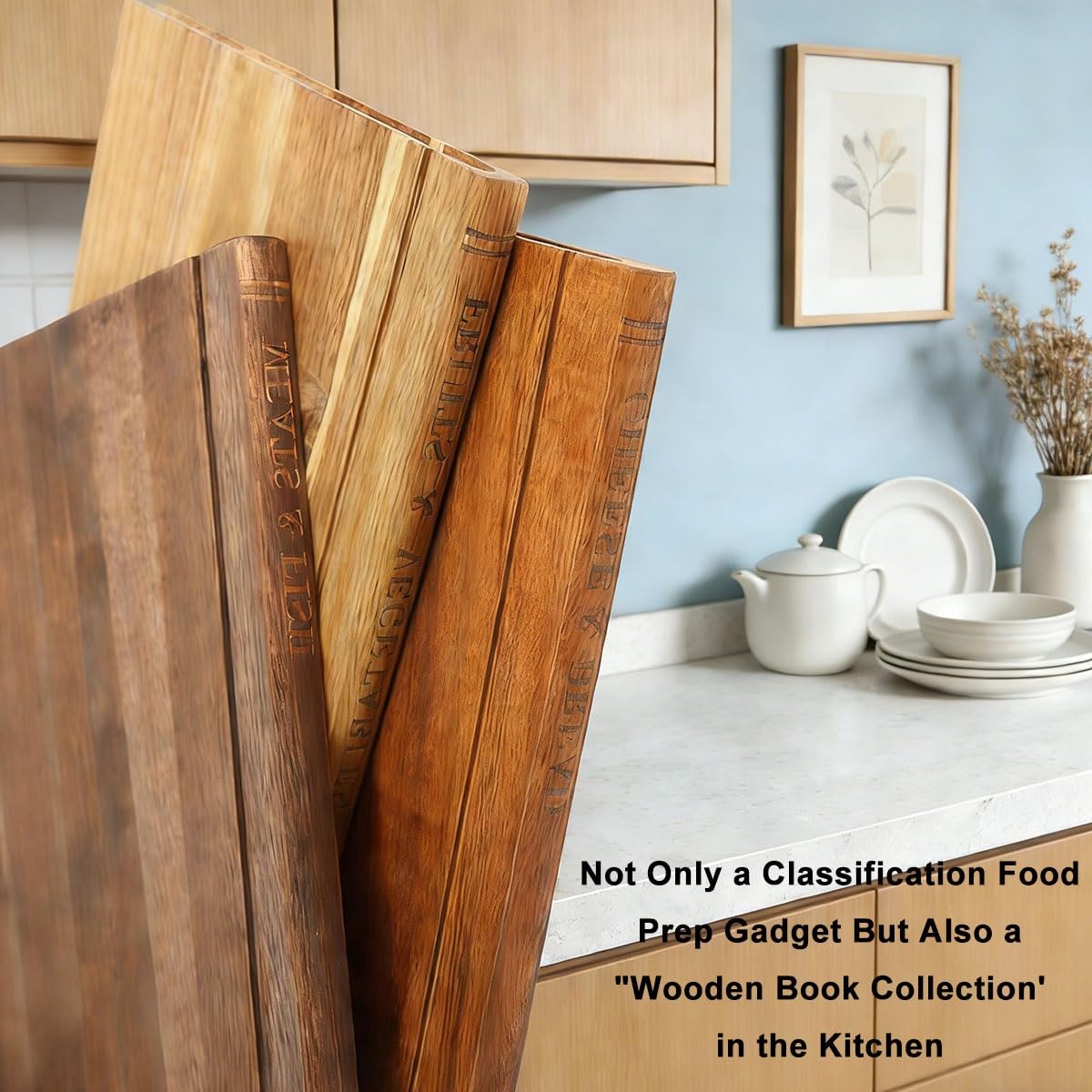 Pack 3 Tabla de Cortar en Madera Maciza de Doble Cara, Tabla de Cortar con Forma de Libro, Antideslizante Tablas de Corte con Soporte, Tablas de Desayuno para Carne, Queso