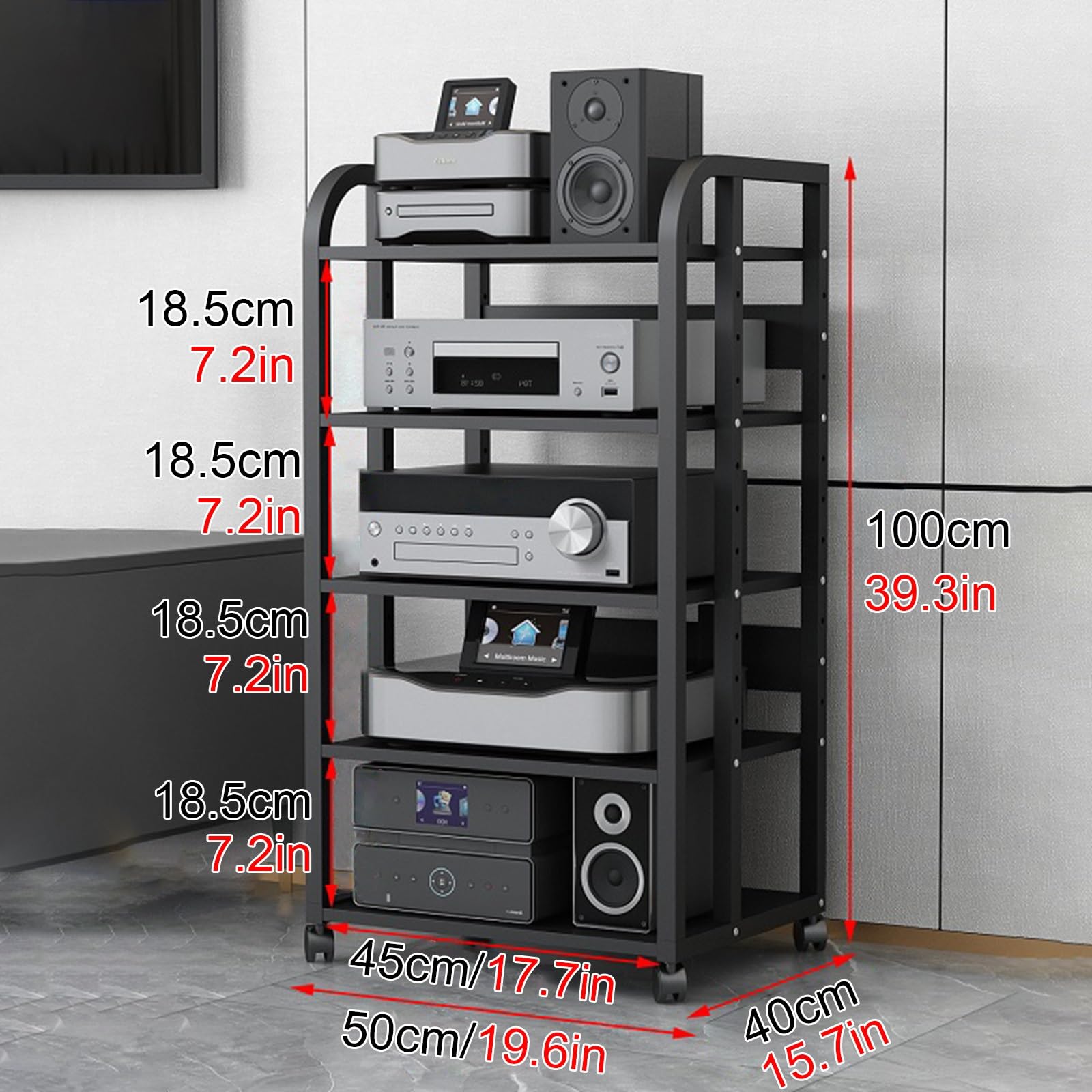 WDJBPSH Mobile Audio Media Rack on Wheels, Portable Video Entertainment Equipment Storage Holder with Height-Adjustable Shelf, Office Bedroom Living Room Organizer(Size:5 Tier/H 100cm - no Drawer)