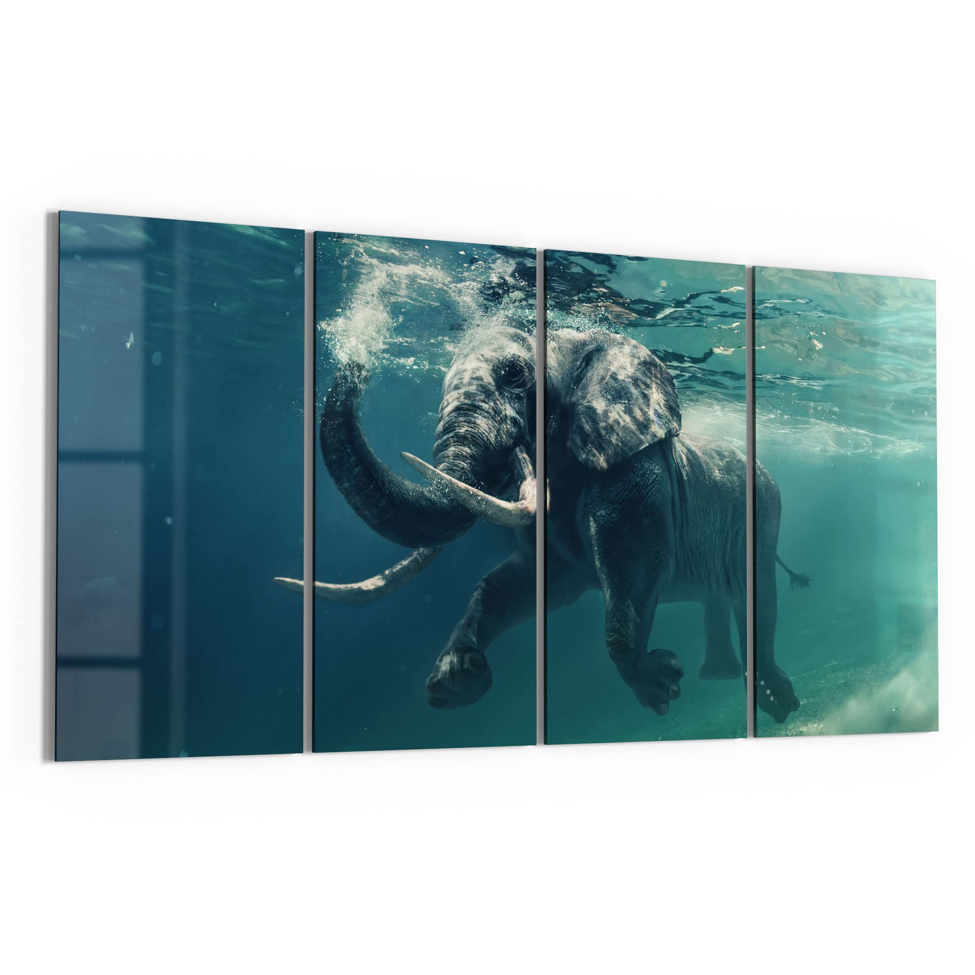 DEQORI Glasbilder Echtglas | Motiv Schwimmender Elefant | horizontal 4-teilig 120x60 cm | große XXL Deko | Wandbilder für Wohnzimmer, Schlafzimmer, Flur & Küche | moderne Wanddeko