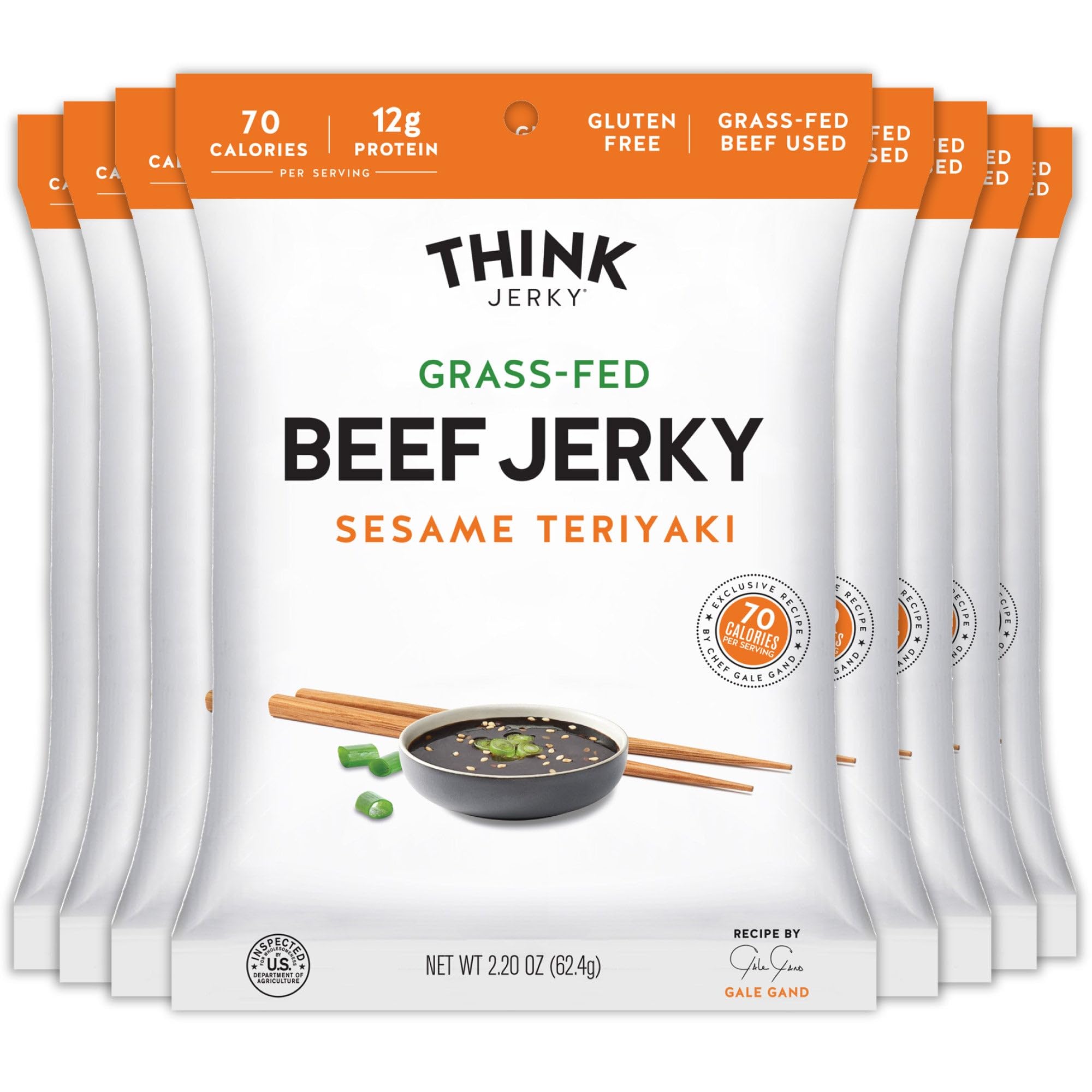 Think Jerky Sesame Teriyaki Beef Jerky, Grass-Fed High Protein Beef Jerky, Gluten Free, No Antibiotics or Nitrates, Healthy Chef Crafted Recipe, Low Calorie and Low Fat - 2.2 oz Bags, 8 Pack