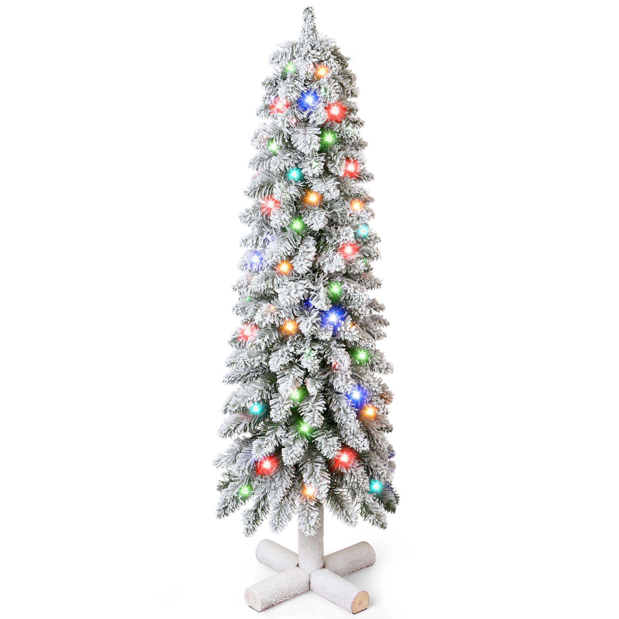 OasisCraft 4ft Pre-Lit Snowy Flocked Pencil Christmas Tree with Colored LED Lights, Battery Operated Slim Artificial Xmas Tree for Indoor Outdoor Home Office Porch Decor