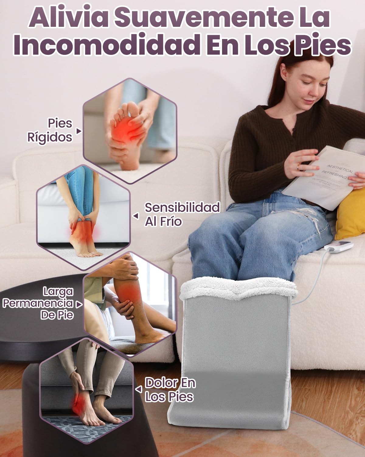 Qfun Calienta Pies Electrico, Calentamiento Rápido Calentador de Pies con 6 Niveles de Temperatura y 4 Temporizadore, Calientapiés Casa para Adultos con Forro Extraíble y Lavable, Apagado Automático