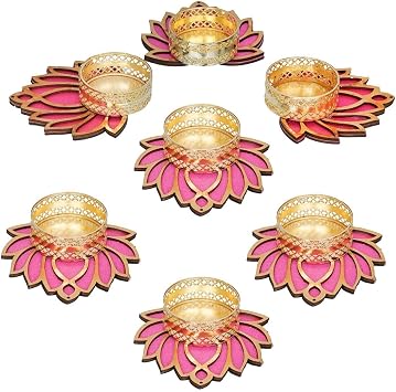 TIED RIBBONS Lotus Tealight Candle Holder | Set of 7, MDF | Tealight Diya for Diwali Decor, Pooja Decorations for Home, Diwali Decorations, Ganesh Chaturthi, Indian Decor