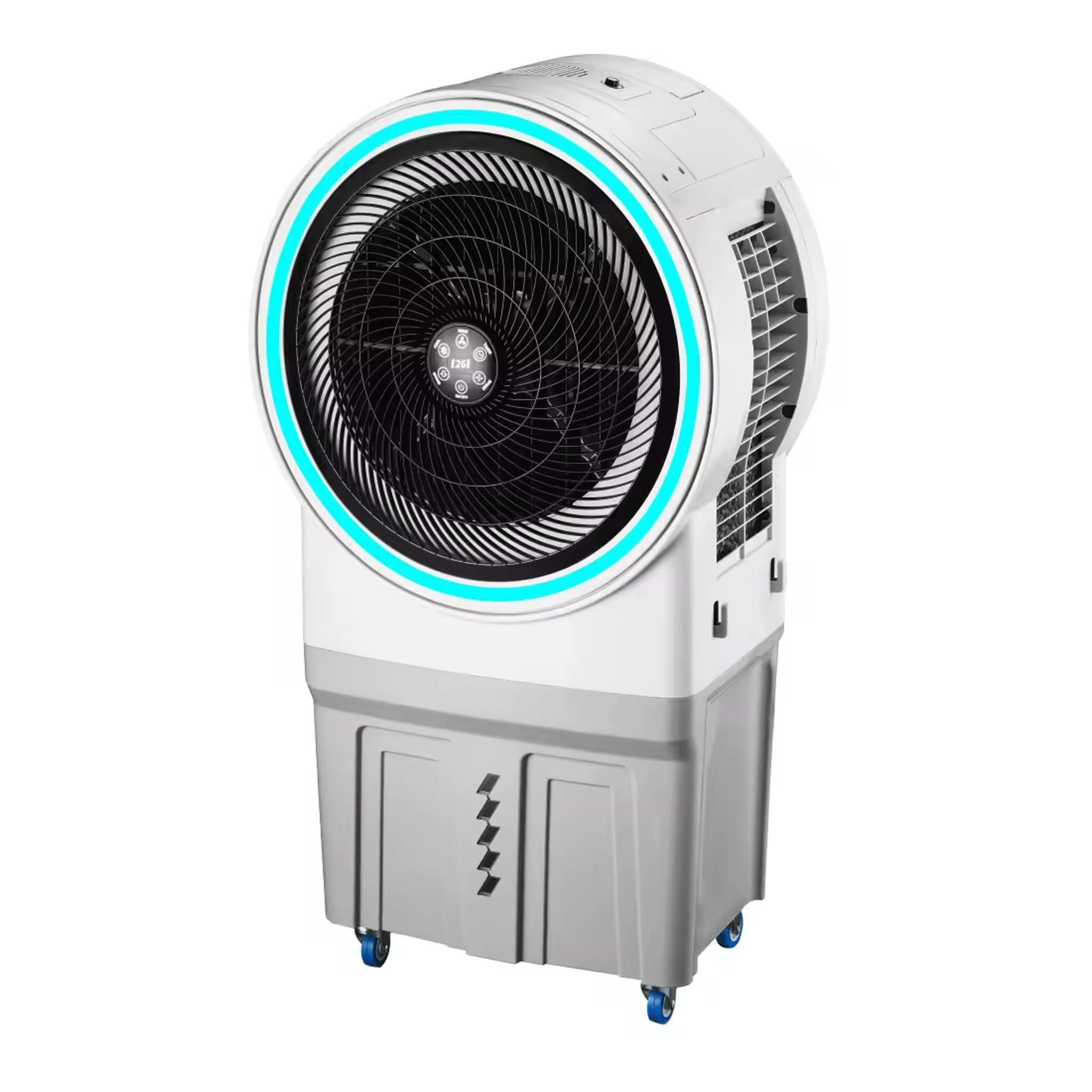 Ventilatore Raffrescatore d’Aria Evaporativo 150W – Tanica 50L con Collegamento Diretto Acqua, LED RGB, Timer e Telecomando, Ideale per Capannoni, Ristoranti, Eventi