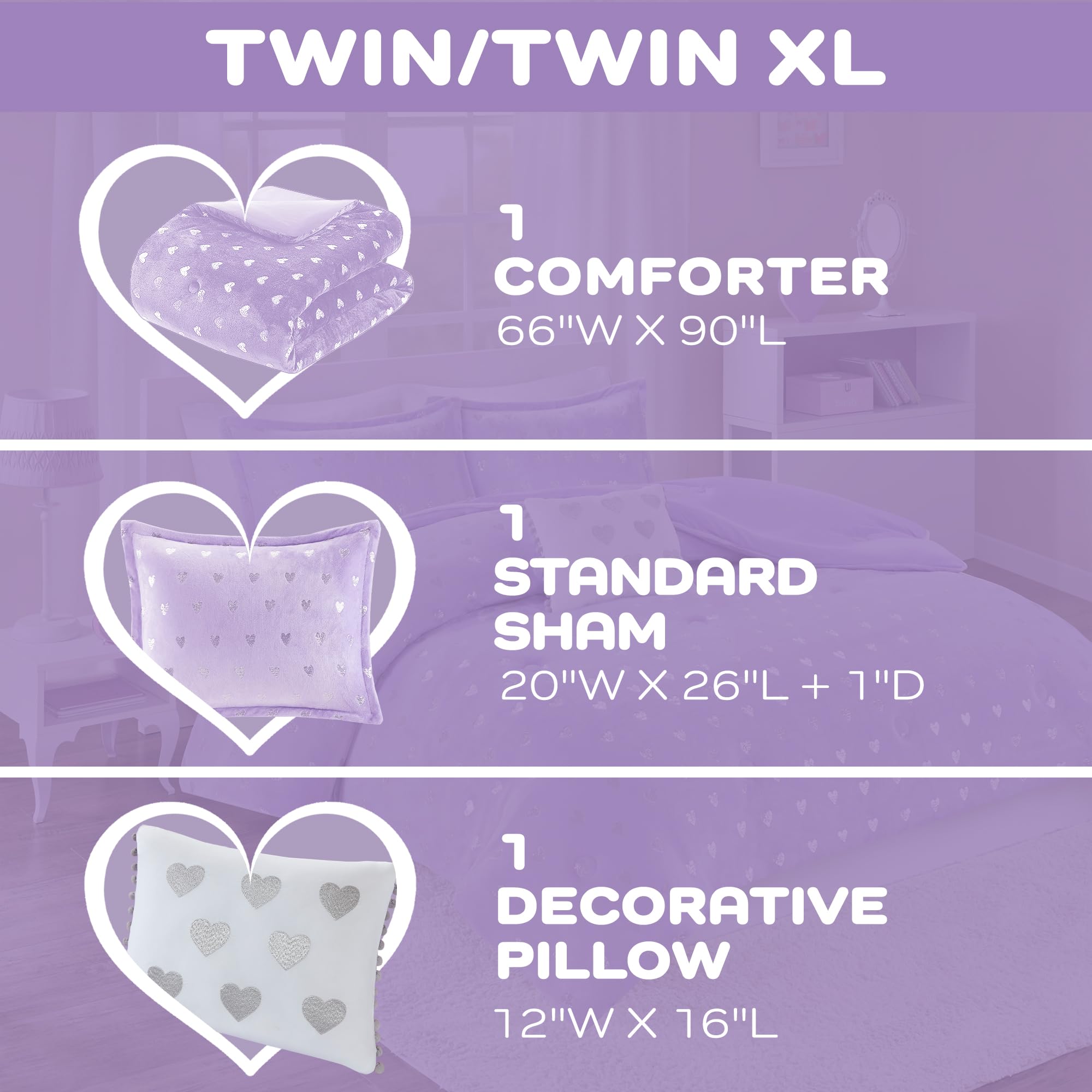 MI ZONE Comforter ultramiękki mikrolekki pluszowy metaliczny nadruk serca szczotkowane odwrócone przepełnione alternatywne hipoalergiczne całoroczne pościel, mikrofibra, fioletowy/srebrny, podwójny XL