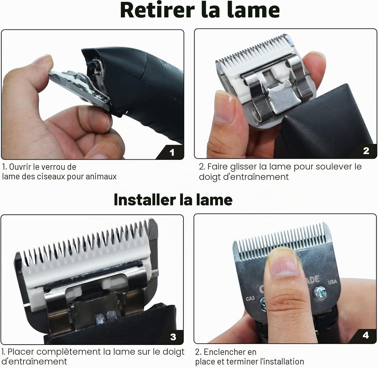 Lames de rechange pour tondeuses pour animaux, adaptées aux modèles Andis, Oster A5, Wahl, Heiniger, Moser Max 50 et autres. Taille 4FC# (9,5 mm), lot de trois