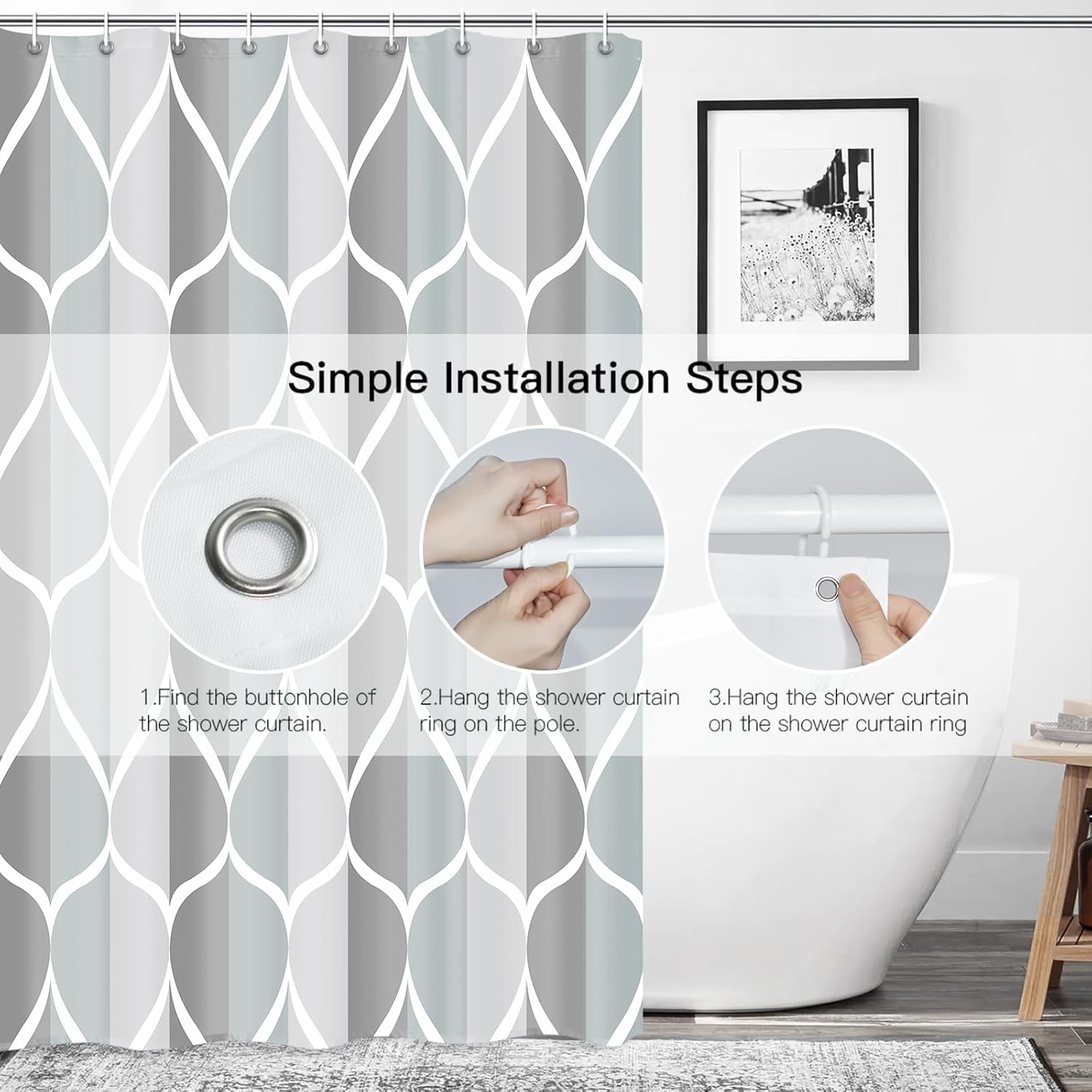 Gelbchu Grey Bath Shower Curtain,Waterproof Design and Polyester,Quick-Drying,Weight Hem,Extra Long Shower Curtain Set for Bathroom W 72 x H 84,Machine Washable with 12 Hooks
