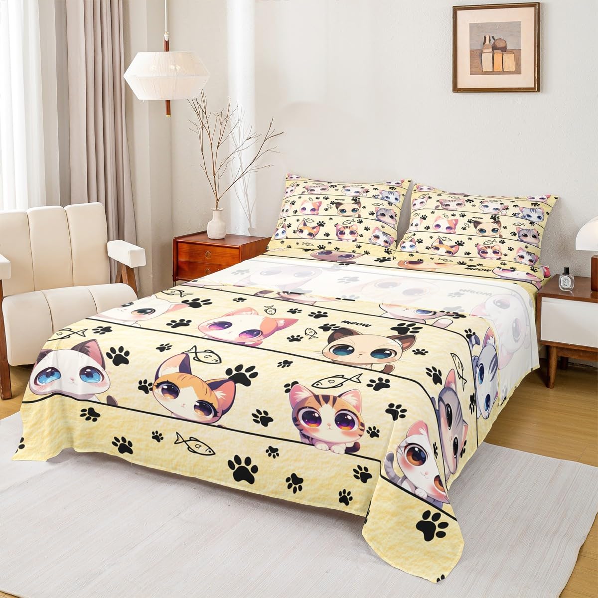 Cartoon Cat Fitted Sheet Set Full Size 4 Pcs,Kawaii Animals Cartoon Yellow Teens Sheets,Cute Kitten Kitty Cat Bedding Sets (1 Fitted,1 Flat,2 Pillowcases)