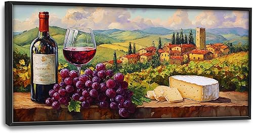 Arte de pared con vino, cuadros rústicos de uvas y vino tinto, pinturas de paisaje de la Toscana retro en lienzo, gran obra de arte enmarcada para