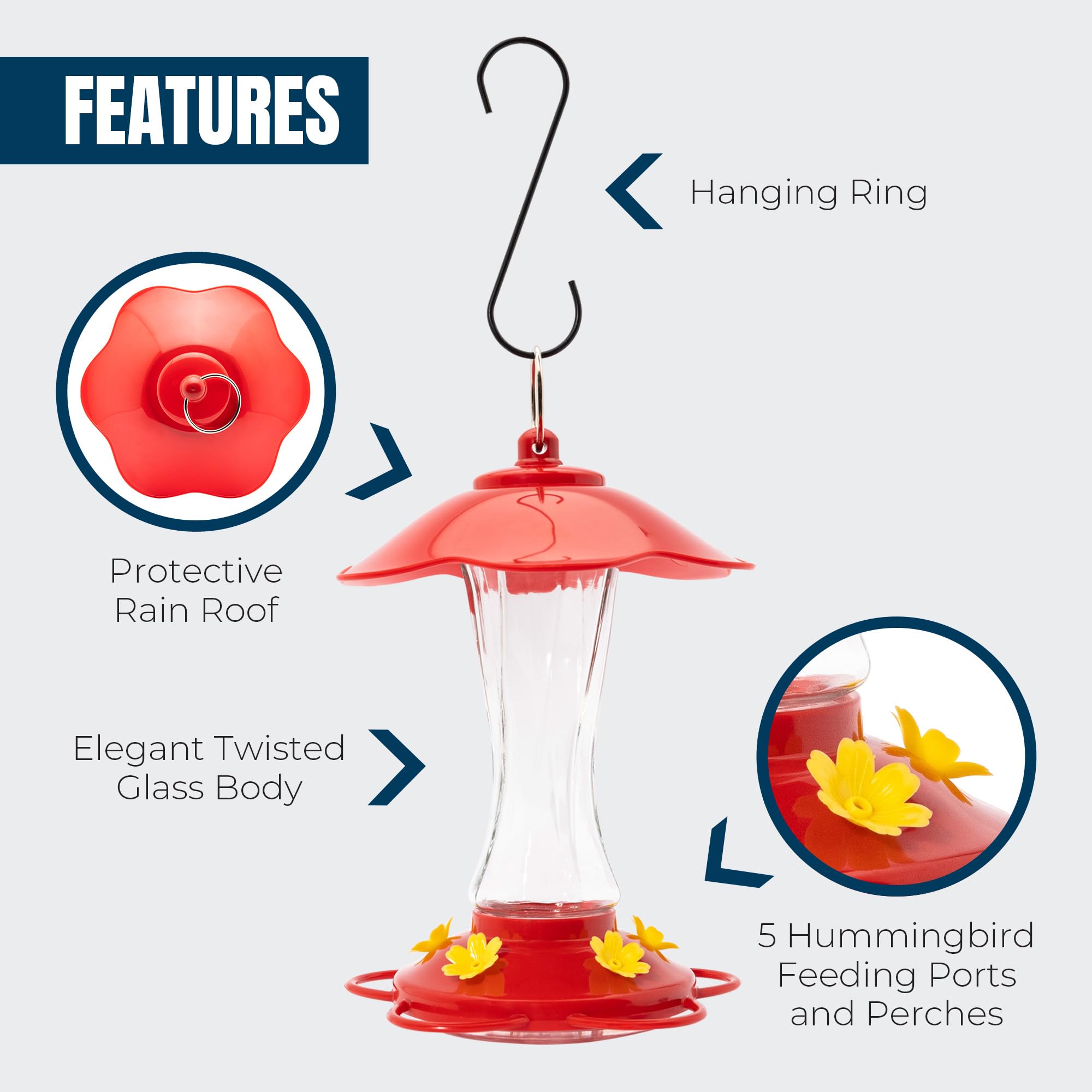 MEKKAPRO Hummingbird Feeders for Outdoors Glass - Red Hummingbird Feeders for Outdoors, Metal Ring, Bee-Proof Design, Easy Assembly, Red Hummingbird Feeder 10 oz (2-Pack) - 4