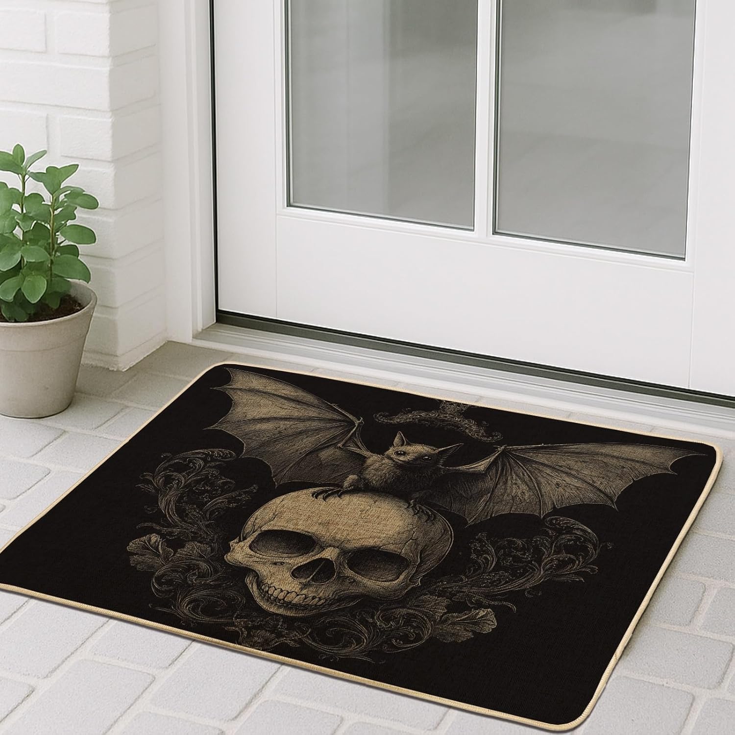 Halloween Horror Gothic Bat Front Black Door Mat Outside Inside Entrance 29 * 17, Aesthetic Scary Goth Skeleton Outdoor Entry Fromt Doormat, Small Vintage Shoes Off Door Rug for Patio