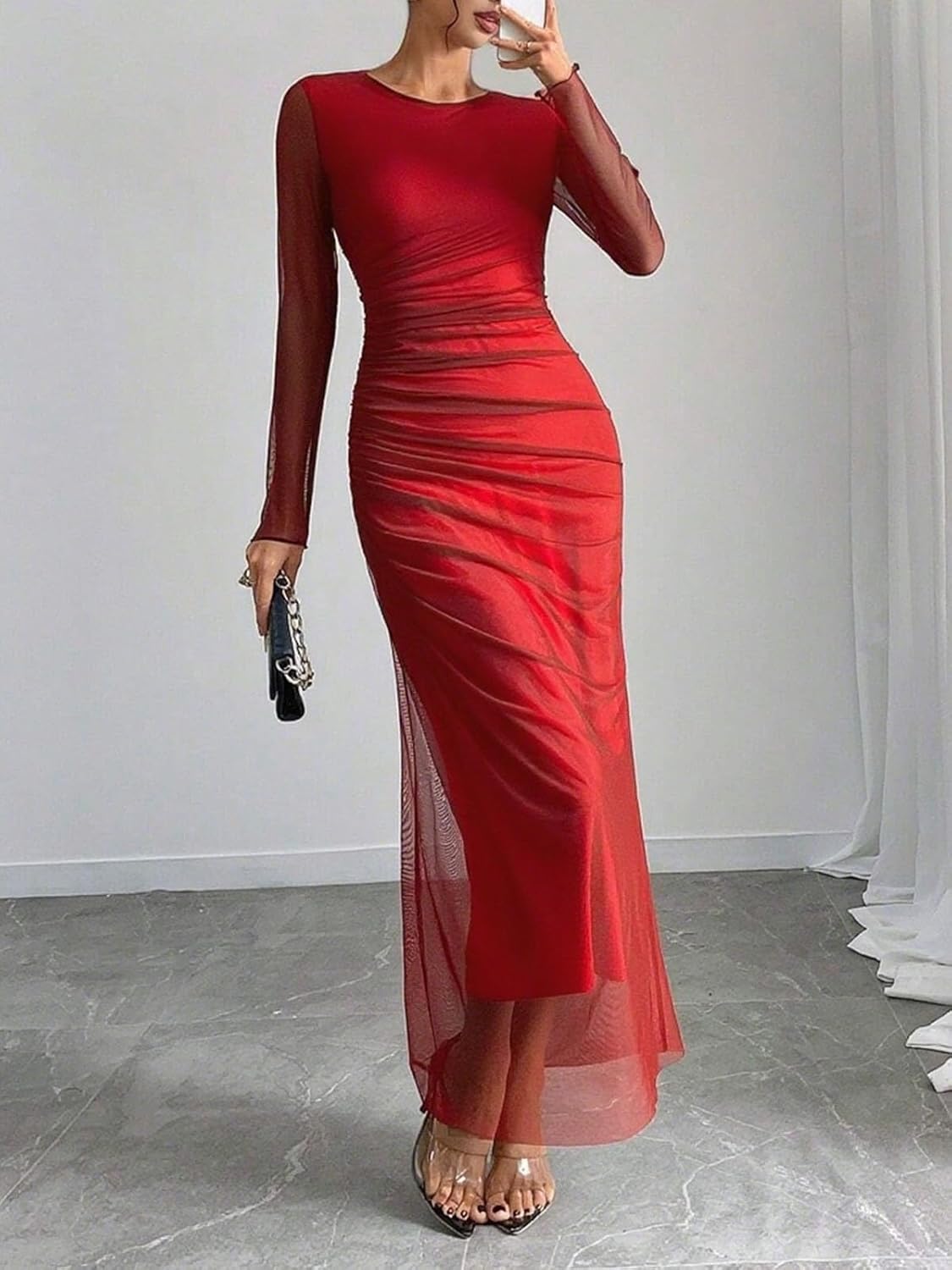 Women's Tie Dye Long Sleeve Maxi Dress Bodycon Ruched Night Out Formal Cocktail Long Dress for Wedding Guest Party - Image 6