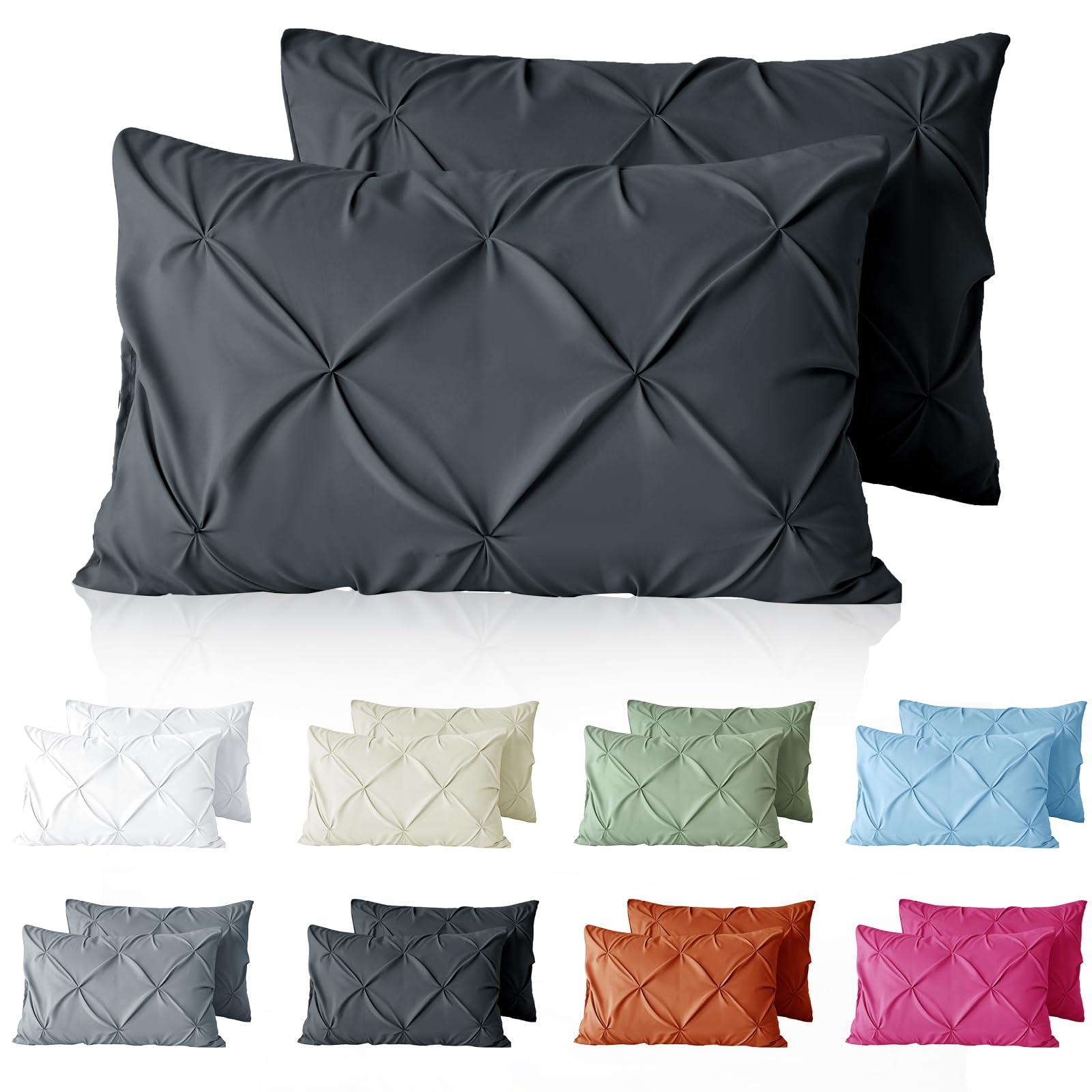 VACVELT Pintuck Pillow Cases Queen Size Set of 2, Charcoal Black Pillow Shams Decorative Pillowcases with Envelope Closure, Pinch Pleated Microfiber Pillowcases, Wrinkle and Stain Resistant