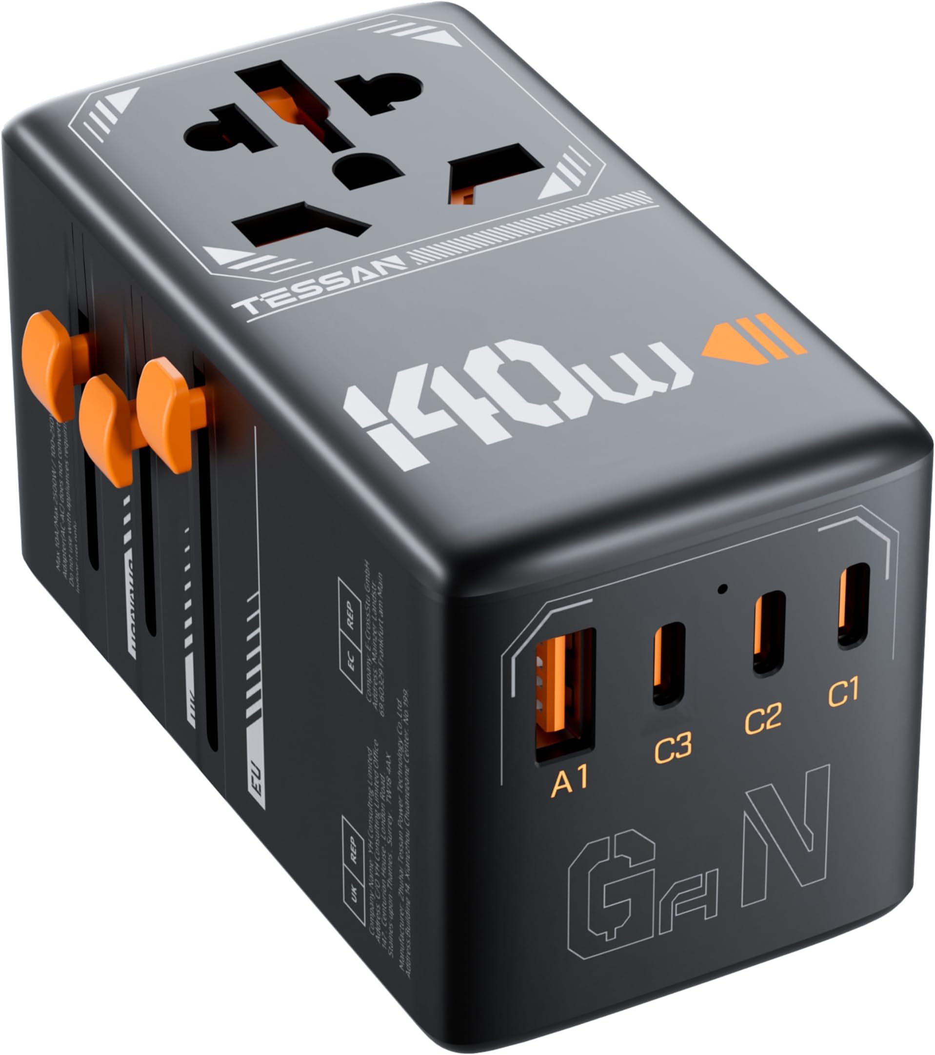 TESSAN Universal Travel Adapter, 140W GaN International Plug Adaptor with 3 USB C and 1 USB A Charging Ports, Worldwide Power Outlet for US to Europe UK AUS Ireland Type C G A I, Black