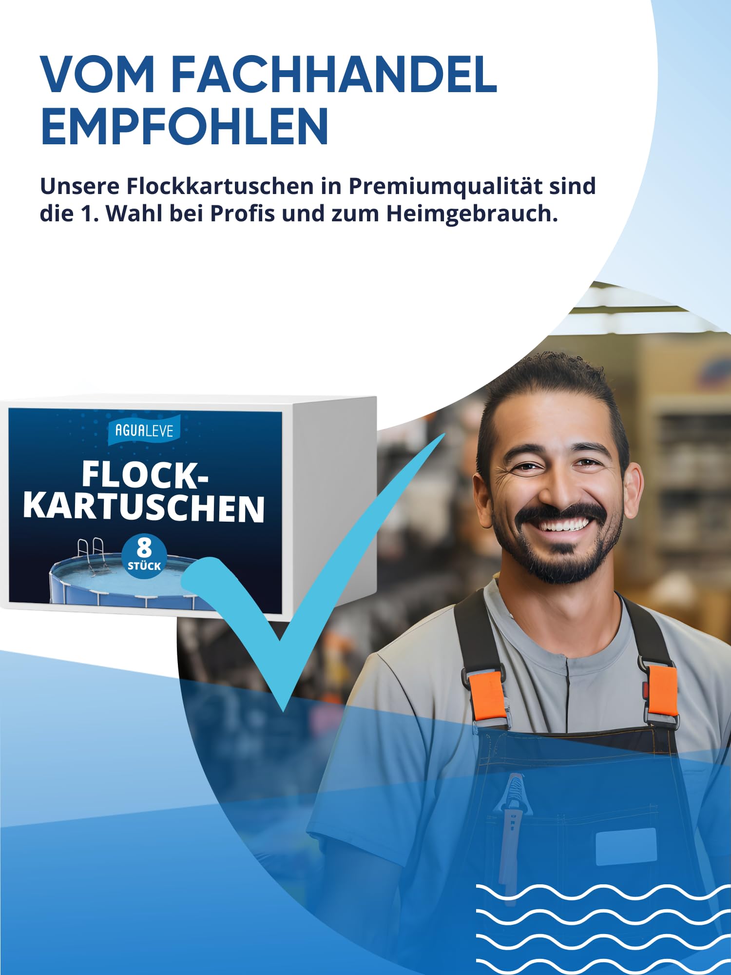 AGUALEVE® Flockmittel Pool Kartuschen 8 x 125g | flockt Verunreinigungen für klares Wasser| für Sandfilter, Filterbälle, Glasfilter UVM. | für Pools, Aufstellpools, Whirlpools | Made in Germany