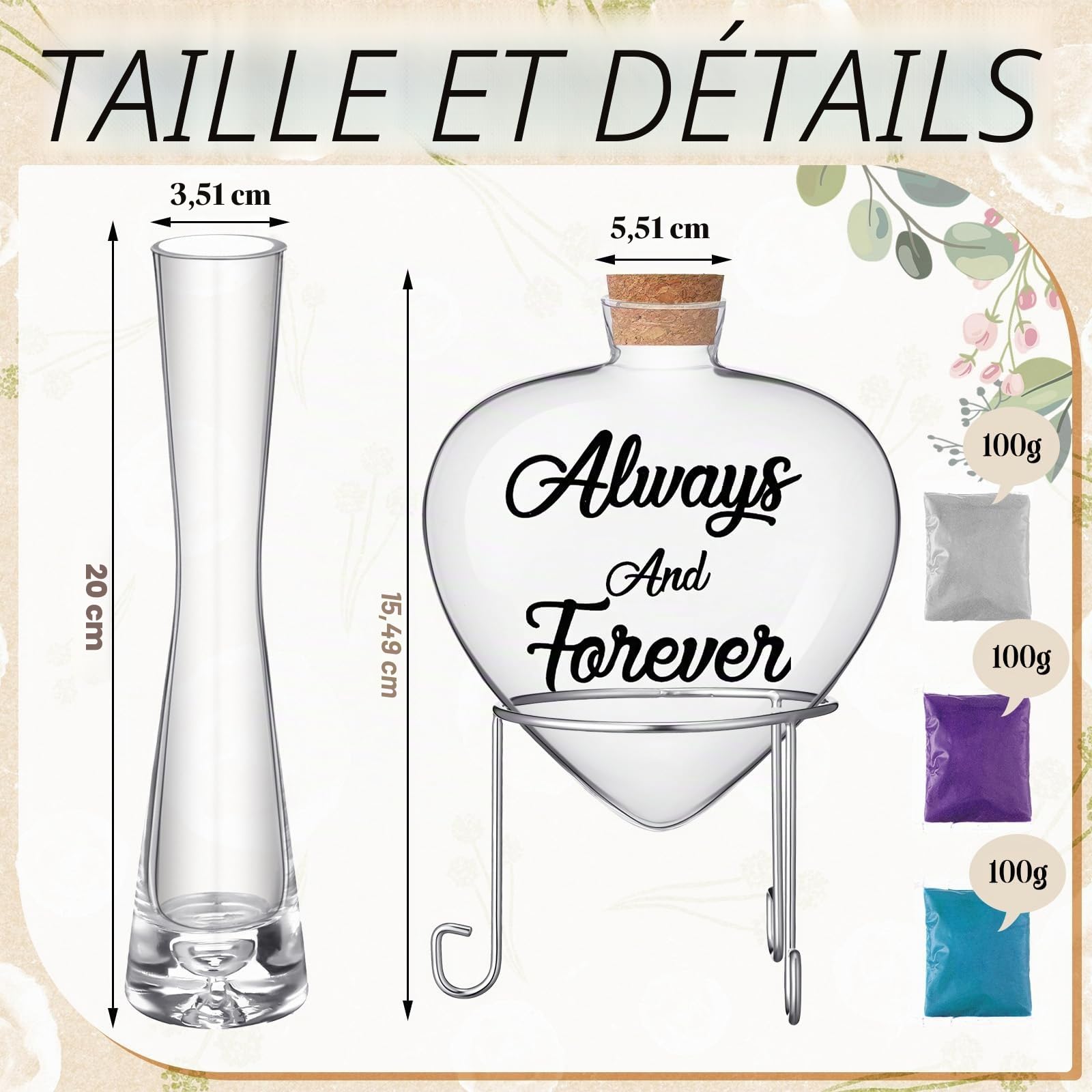 Irenare Ensemble de 7 pièces de sable d'unité pour cérémonie de mariage comprenant 1 bouteille en forme de cœur, 3 vases de cérémonie de mariage, 3 sables avec support en métal, bouchon en liège pour