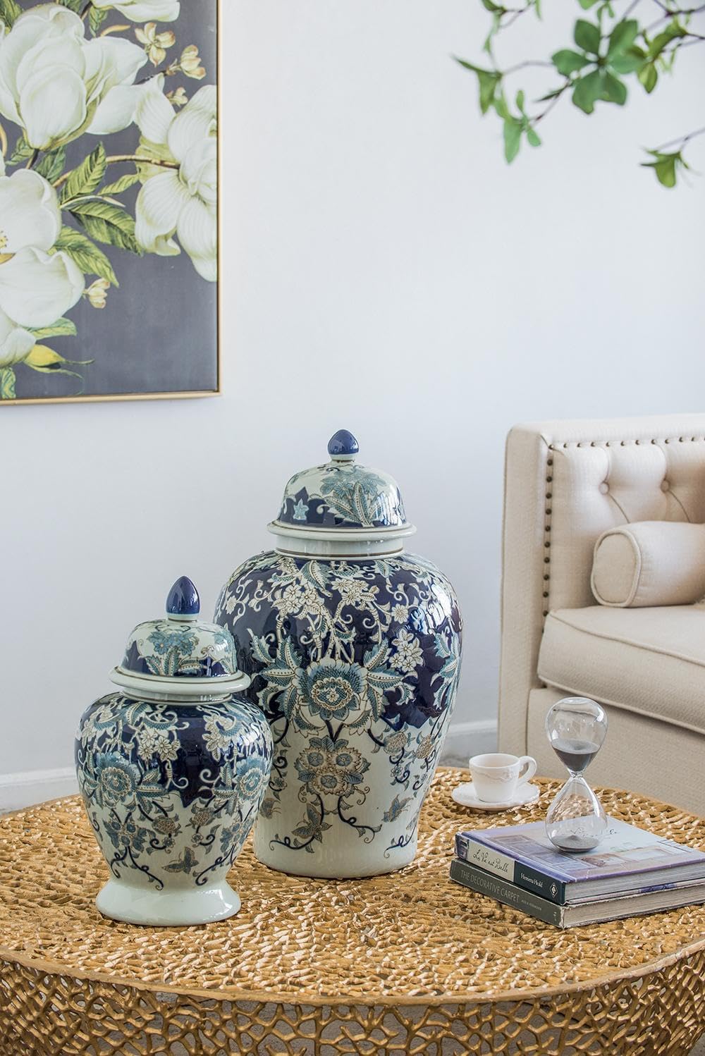T2 Concept D10 x16.5 Oriental Blue and White 100% Porcelain Lidded Ginger Jar Vase for Floral Decoration Centerpiece Living Dining Room