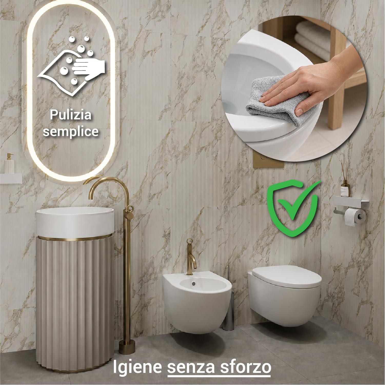 Crisalide® - Asiento de inodoro universal compatible blanco, tapa de inodoro con cobertura completa de MDF, cierre Soft Close, fijación ajustable de PVC, gomas antideslizantes, 36,7 x 44,5 cm