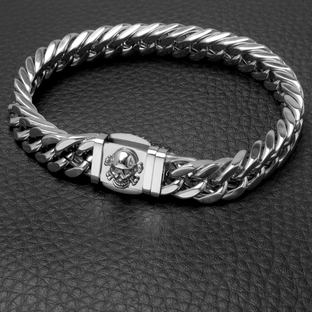 Biker-Schmuckset Halskette + Armband mit Totenkopf aus massivem Edelstahl silber poliert Männerschmuck Geschenk