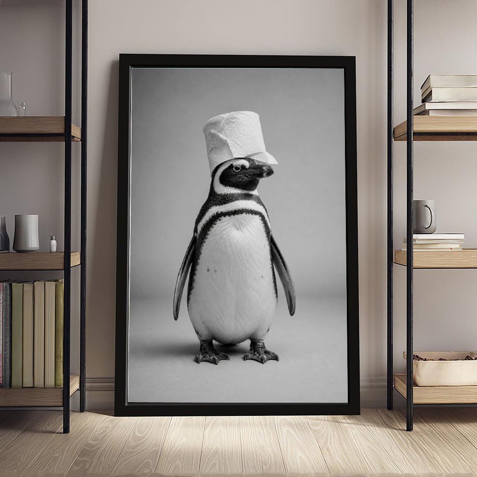 Minimalistischer, einfarbiger Pinguin mit Toilettenpapierhut, schlichter grauer Hintergrund, Leinwand-Kunst-Poster, humorvoll, niedlicher Tier-Porträtdruck, Neuheit, Wanddekoration für Badezimmer