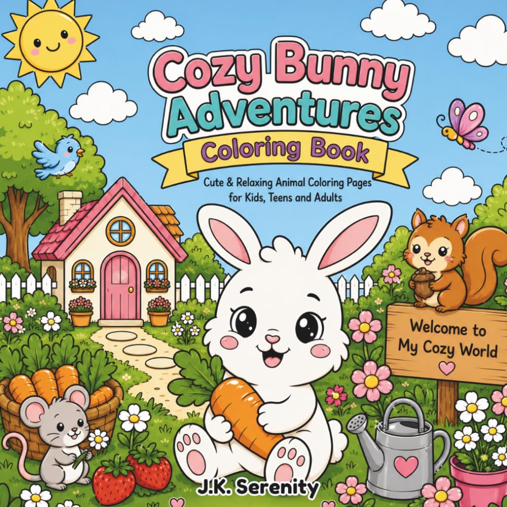 Cozy Bunny Adventures Coloring Book: Cute & Relaxing Animal Coloring Pages for Kids, Teens & Adults