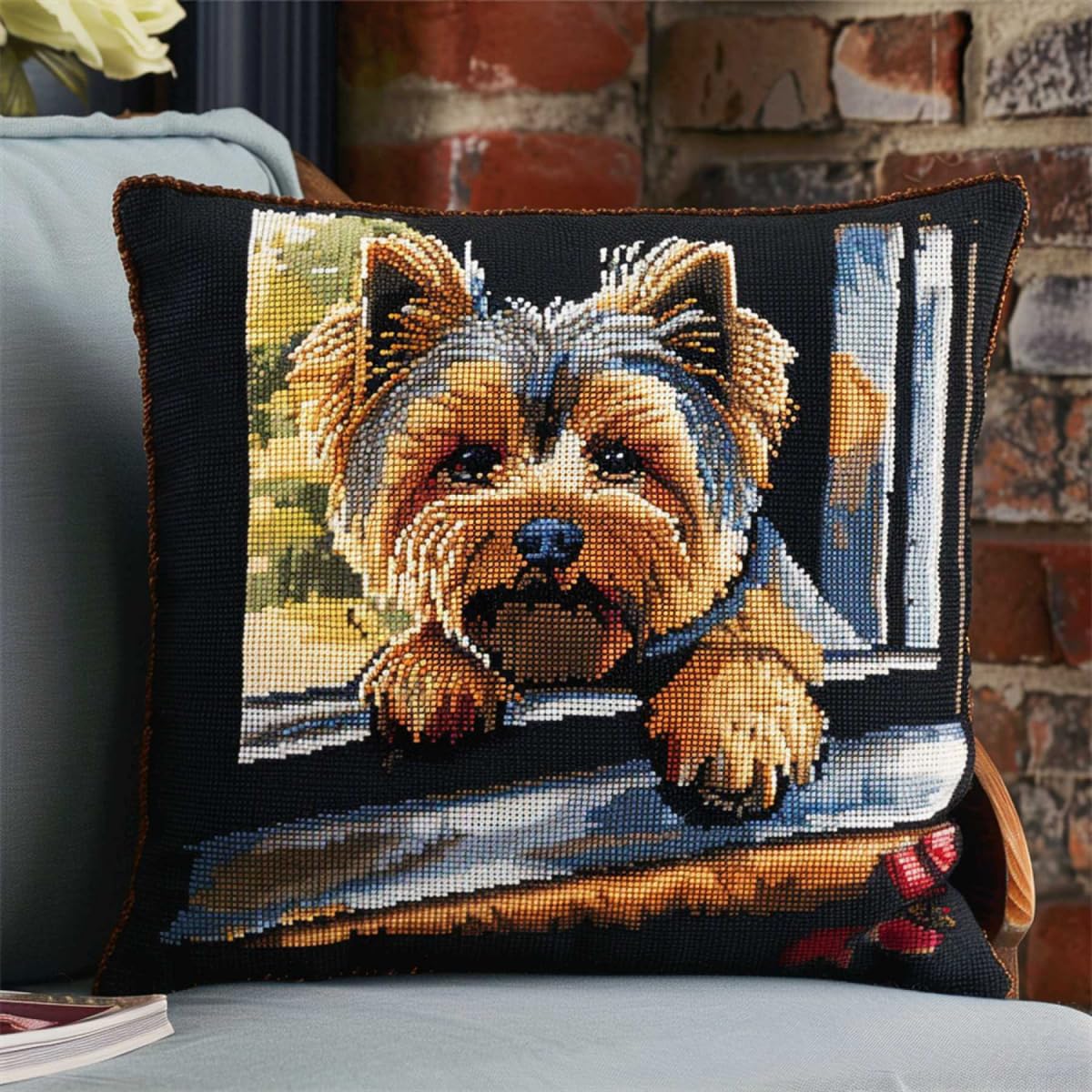 DIY latch hook kit yorkshire terrier animal pillow embroidery kit Cute dog Pillow Cover DIY for beginner and Adults Gifts for Family Friends Needlework Crafts atch Hook Set for teenager 43x43cm
