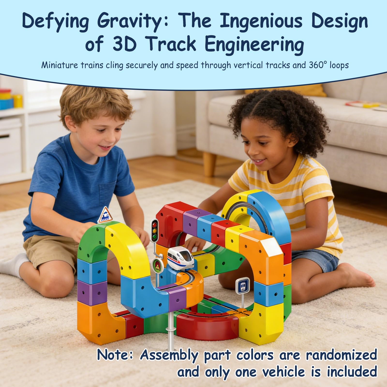 Train Électrique Enfant avec Piste 3D Anti-Gravité, 81 Pièces Circuit Flexible et Voiture Motorisée, Jeu de Construction STEM sur Les Forces Motrices, Cadeau Créatif pour Enfants 3-8 Ans
