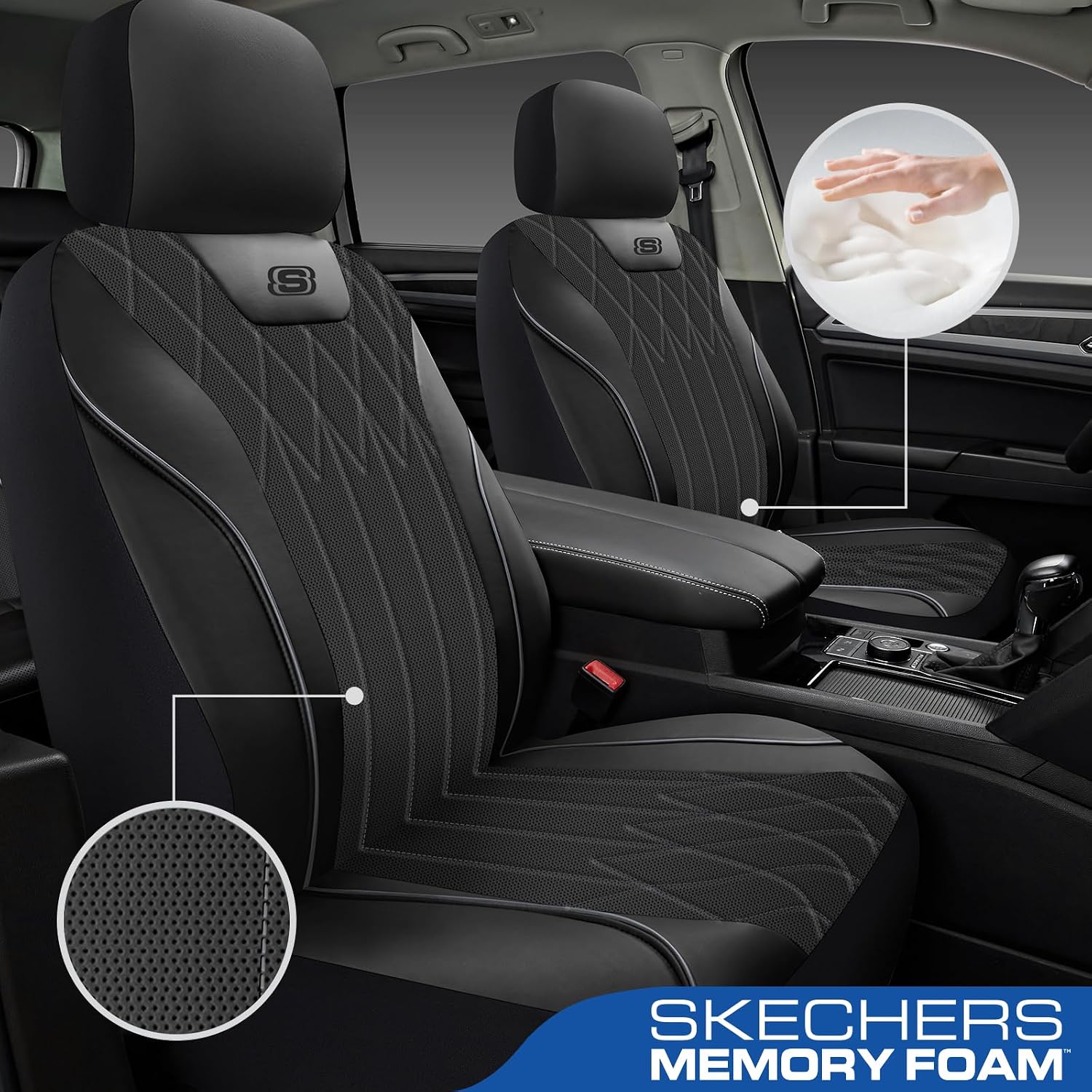 Skechers Seat Covers Memory Foam-Piping Leather Car Seat Covers,Ultimate Comfort & Support Front Seat Covers Airbag Compatible, Automotive Universal Fit Most for SUVs, Vans, Sedans, Cars, Trucks,Grey