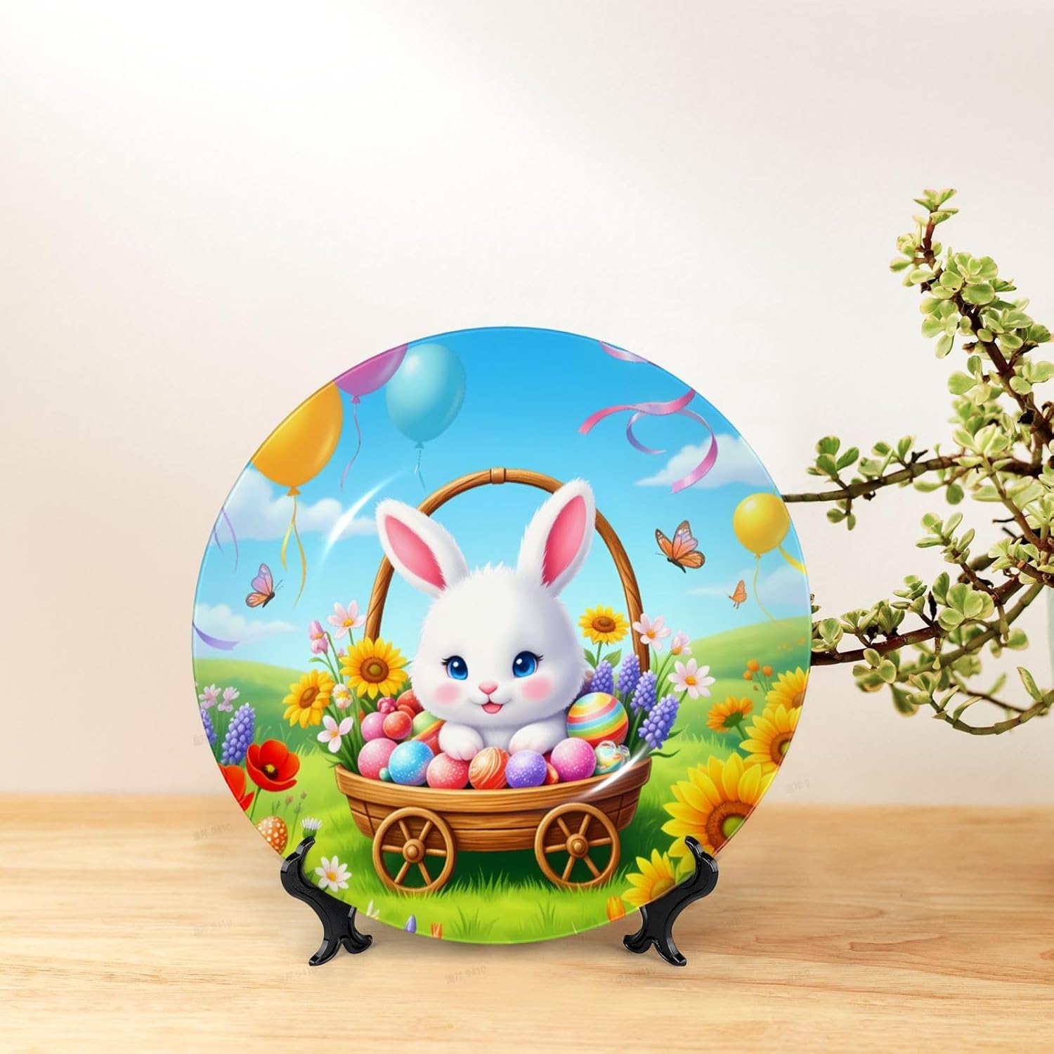 Easter Bunny Basket Style Ceramic Plate Display Decorative Plate With Stand Wall Hanging Plate For Home Decor 10 Inch