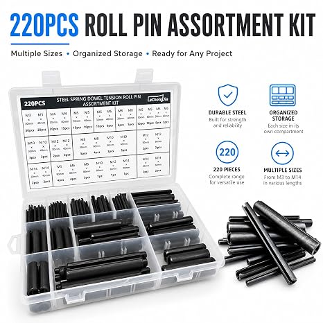 220 Pieces Slotted Spring Pins Steel Spring Pin Combination Metal Spring Pin Combination Set Hollow Spring Pin Size M3 M4 M5 M6 M8 M10 M12 M14 Black with Box