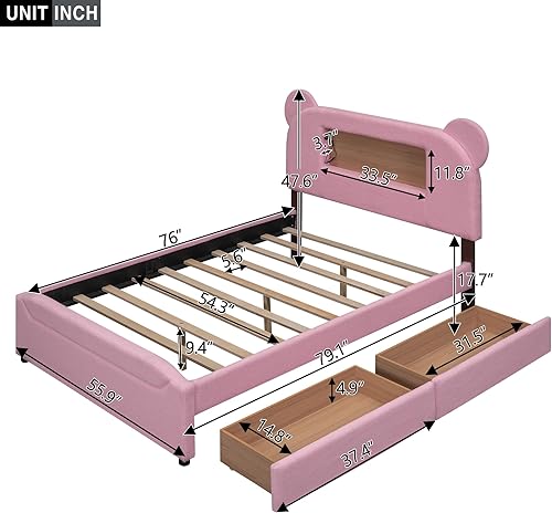 Miniatura 3 de CITYLIGHT Cama de plataforma tapizada de tamaño matrimonial con luces LED y puertos USB, marco de cama matrimonial de madera con cabecera de orejas