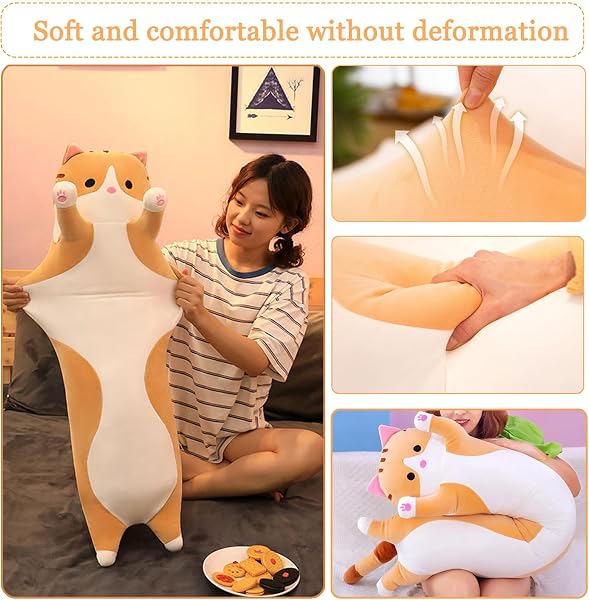 Aiuidun Lange Katze Kuscheltier Stofftiere Katzen Plüsch Kisse Süße Kätzchen Plüschtier Schlafkissen,Weiche Lange Katze Kuschelkissen Geschenk für Kinder Freundin(70cm/27.5inch,Yellow) - 3