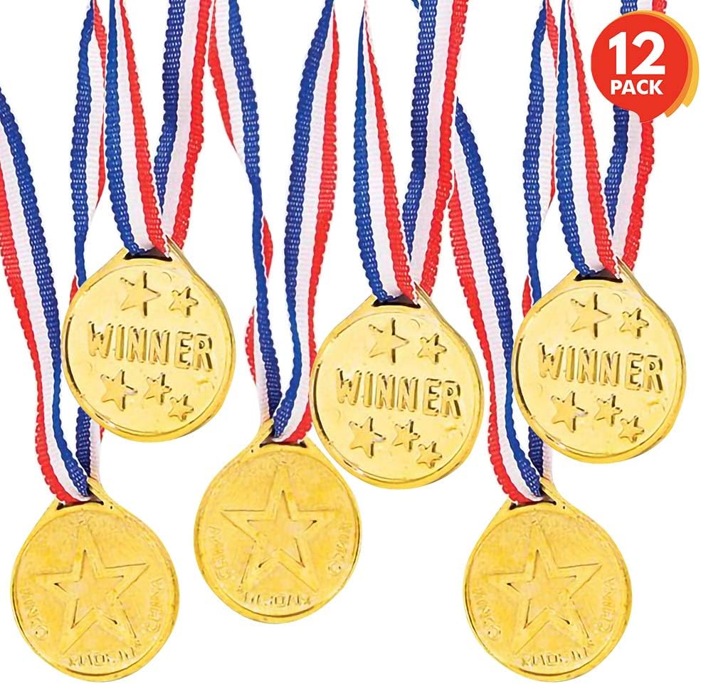 ArtCreativity Gold Prize Medal for Kids, Set of 12 Medals on Ribbon Necklaces, Olympic Style Metal Winner Awards for Sports, Talent Show, and Spelling Bee, Gymnastic Birthday Party Favors