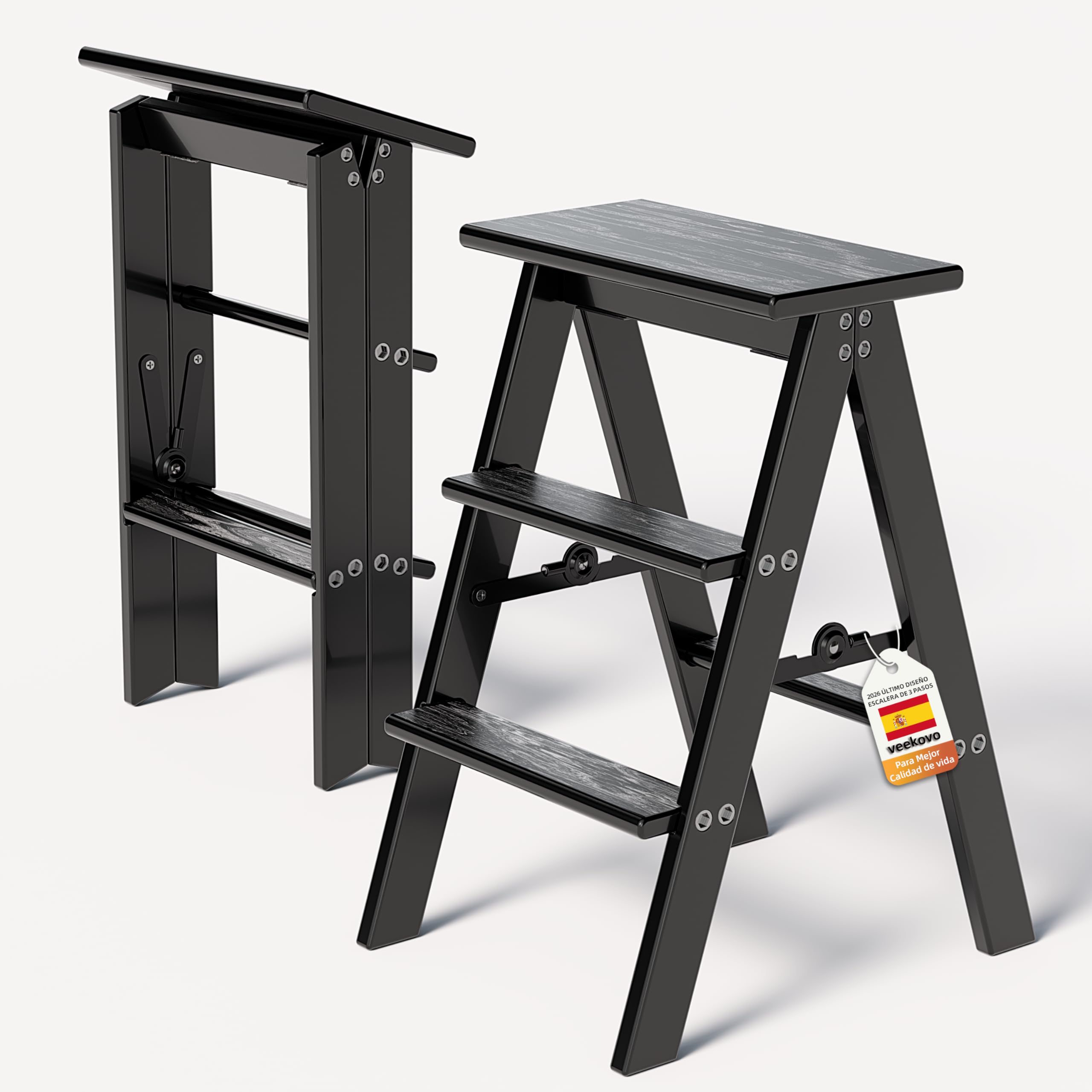 Escalera de 3 peldaños, Taburete Plegable de Madera, Silla Plegable, Antideslizante, portátil y Resistente para el hogar, la Cocina y la Oficina (Negro EW1)