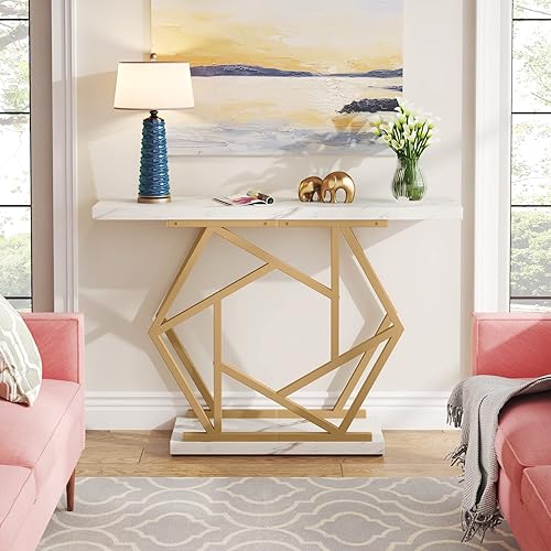Miniatura 4 de Tribesigns Mesa consola moderna con base de metal dorado mesa de sofá de entrada de 47 pulgadas de largo mesa de acento geométrico contemporáneo con