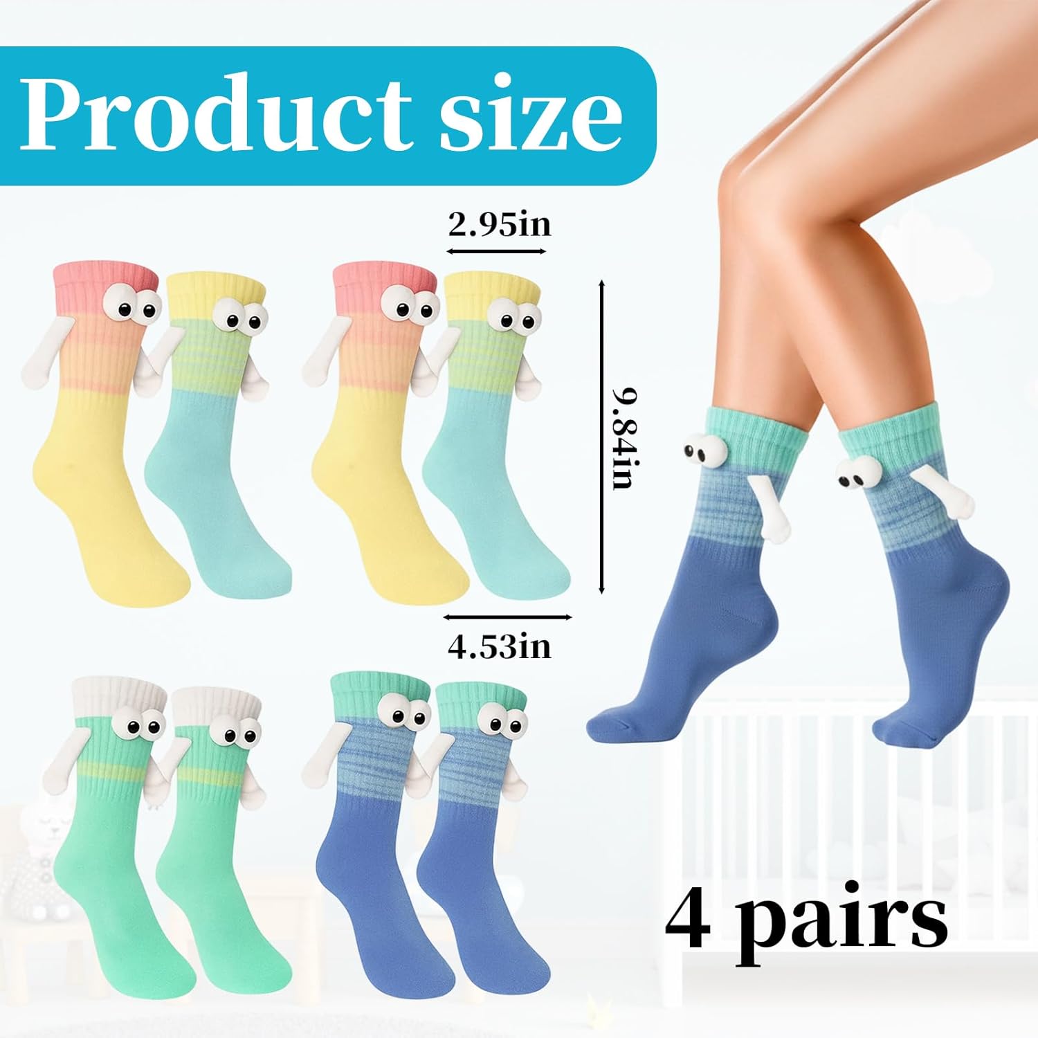 Magnetic Socks, 4 Pairs Funny and Crazy Socks for Girls and Couples, Holding Hands Socks for Romantic Dates and Family Bonding, Novelty Gifts for Women Men Teens - Image 3