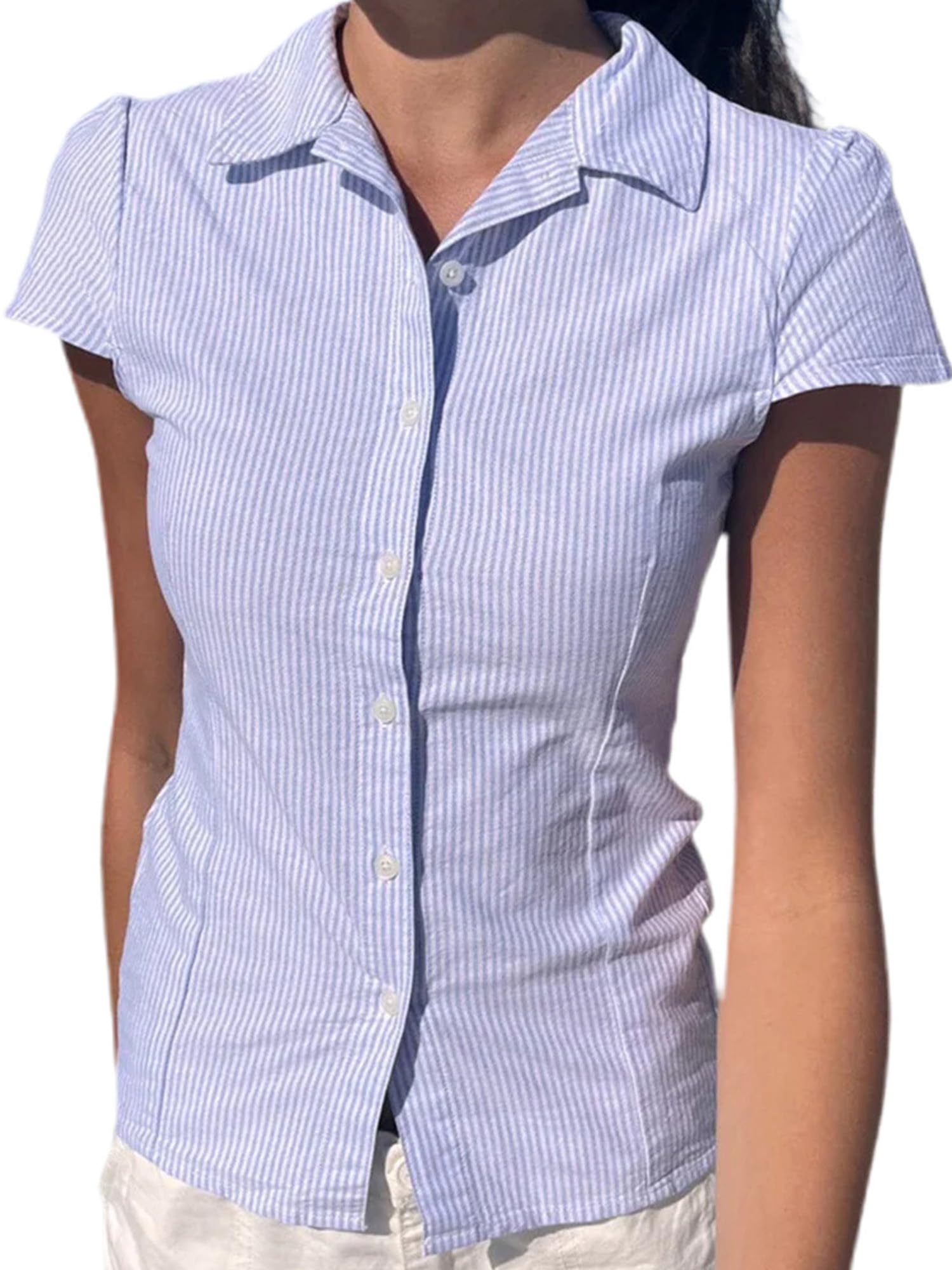 Women Y2K Button Down V-Neck Shirt Tee Summer Slim Lapel Collar Peplum Short Sleeve Plaid Crop Tops Streetwear (C Blue, L)