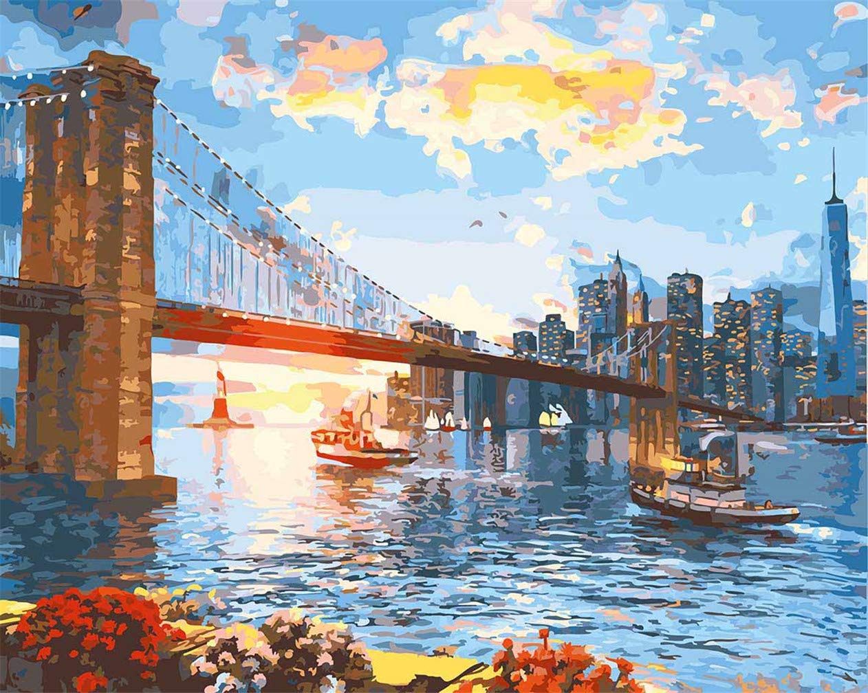Awesocrafts White Paint By Numbers Kits, New York Brooklyn Bridge Number Painting For Adults 16X20 Inch Framed Or Not (Bridge, No Frame)