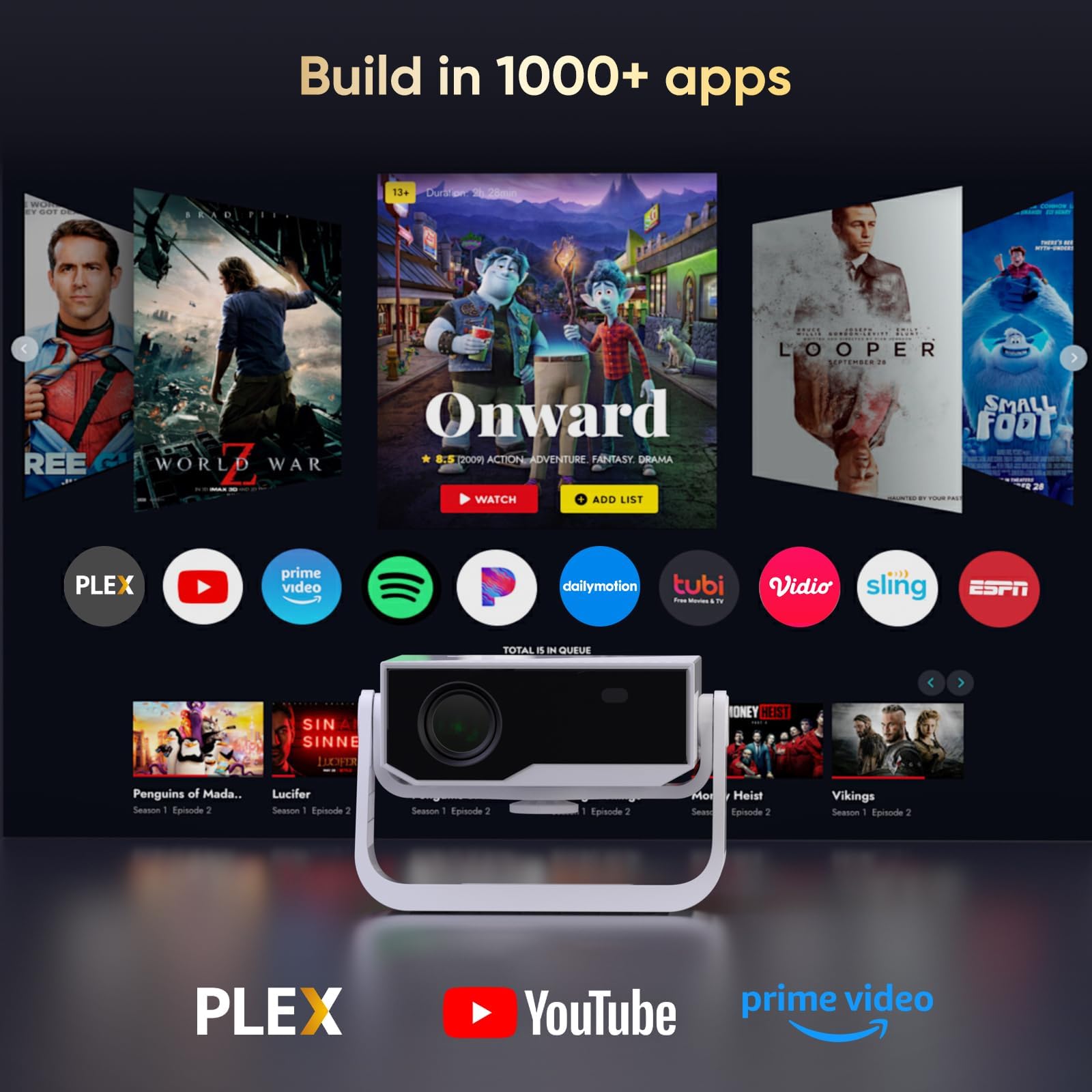 2025 New Smart Projector Built-in Apps, Android 14, Native 1080P 4K Supported WiFi 6 Bluetooth 5.2, 28000 Lumens, Low Fan Noise (<30dB), Home Cinema Projector for iOS/Switch /PS5 — view 3