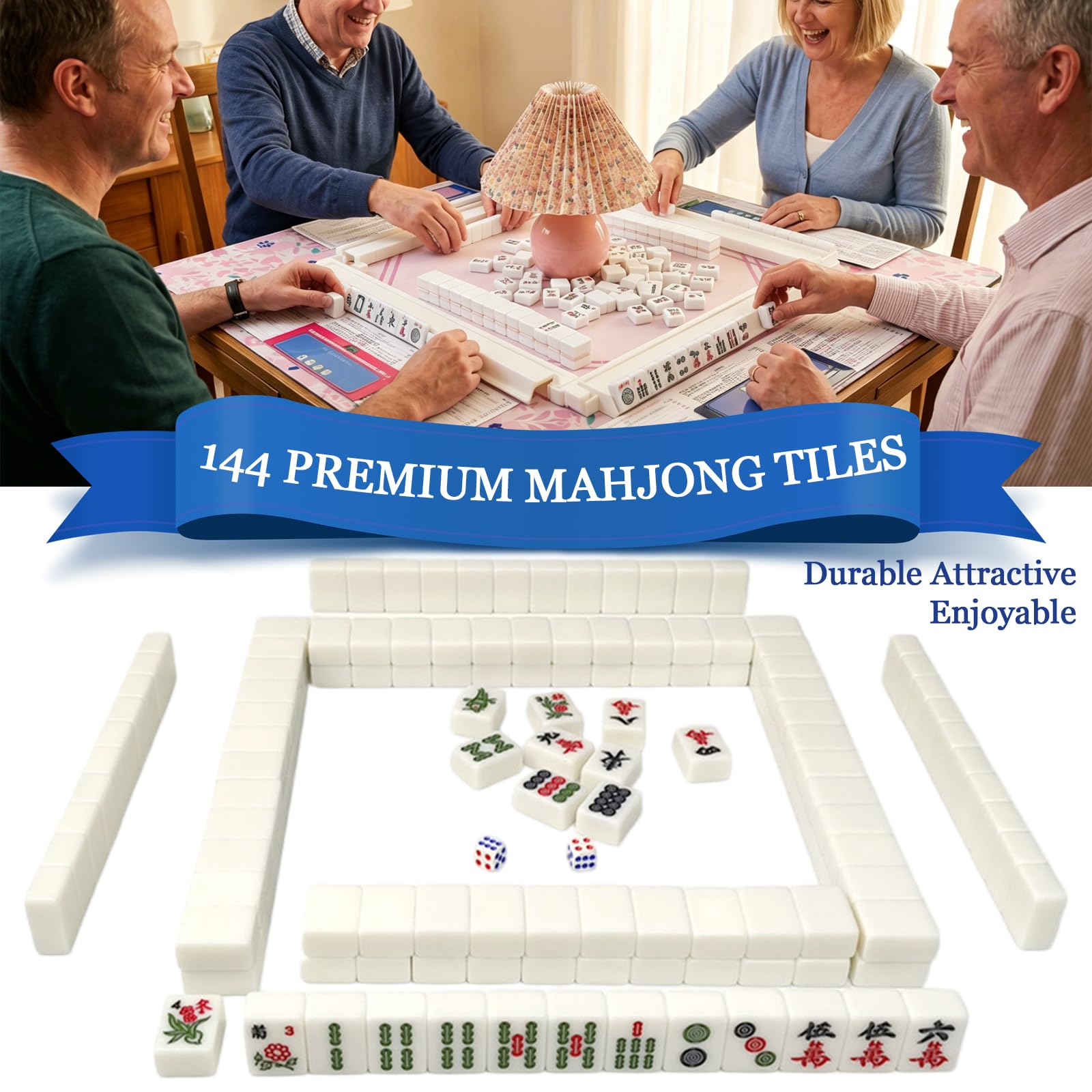 Mini set Mahjong, con 144 piastrelle Mahjong, borsa portaoggetti, supporto Mahjong, carte punteggiate, tappetino da tavolo da gioco, set da tavolo cinese portatile, gioco per la famiglia per uccidere