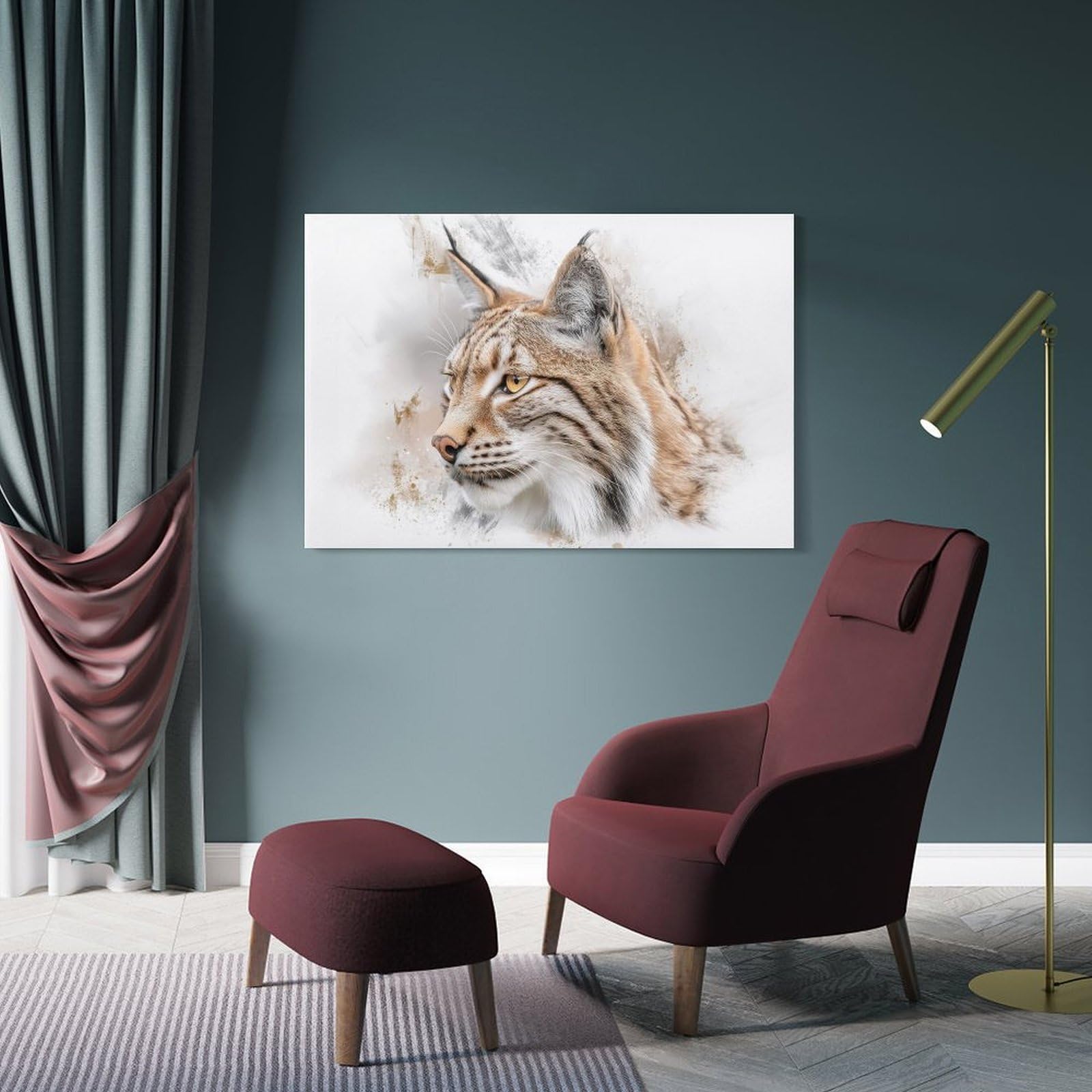 Junmoney Lynx Portrait with Watercolor Splashes Canvas Wall Art, 24x36inch(60x90cm), for Wall Displays, Bedrooms Or Room Updates, Ideal for Building A Coordinated Art Wall