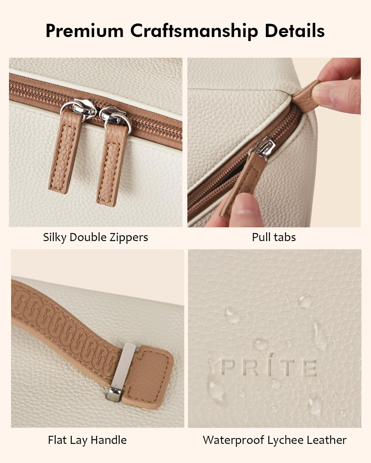 Prite 3 Pcs Trousse de Maquillage Voyage Femme avec 2 Poches en TPU, Beige | Trousse de Toilette, Vanity Case, 3 Compartiments, Pochette à Pinceaux, Hydrofuge, Cuir Vegan Grainé, Coffret Cadeau Inclus