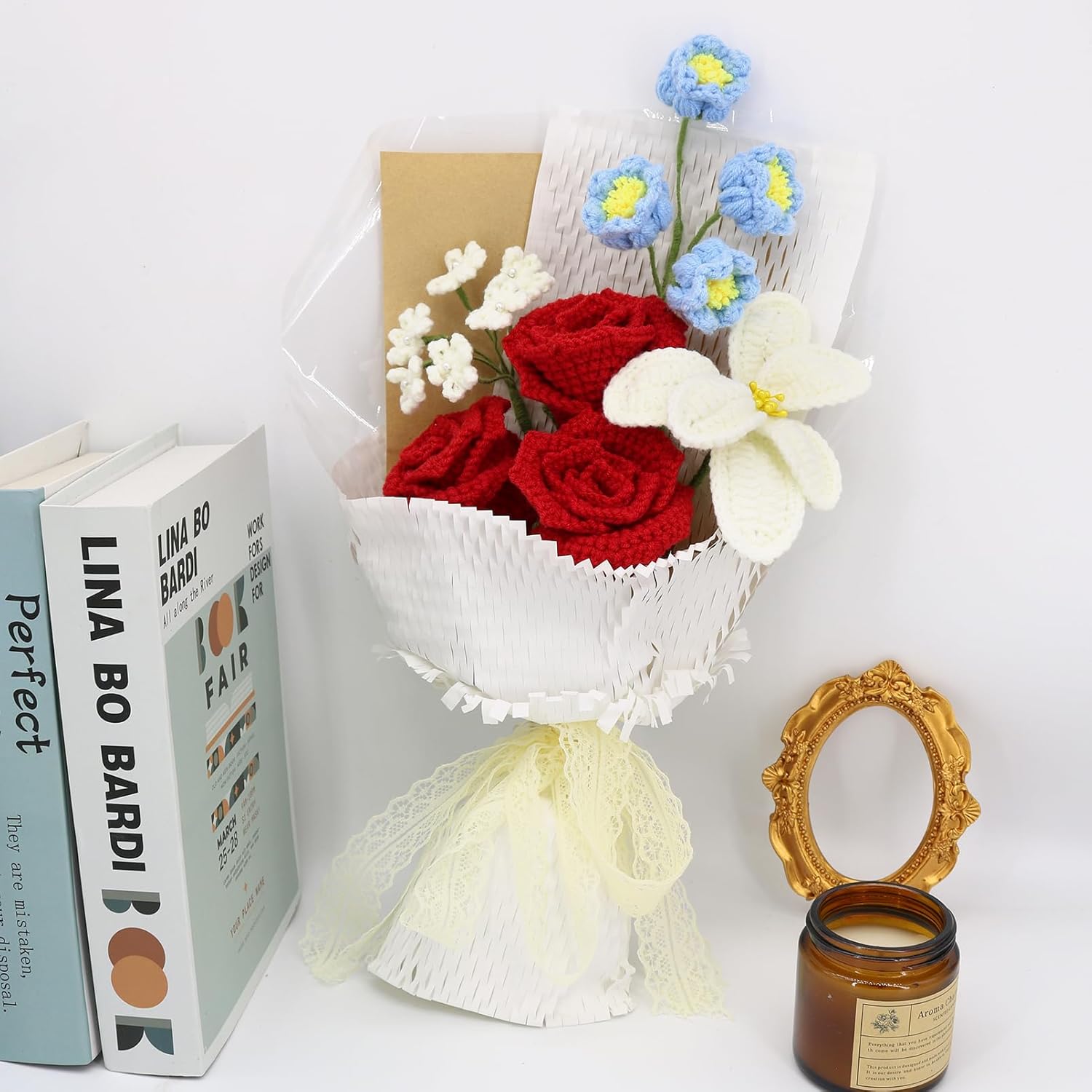 Crochet Flowers Crochet Bouquet Handmade Crochet Rose Bell Orchid Suitable Tulip Fern Leaf as a Gift for Lover, Family,Friends. Artificial Flower Finished Bouquet(red) - Image 2
