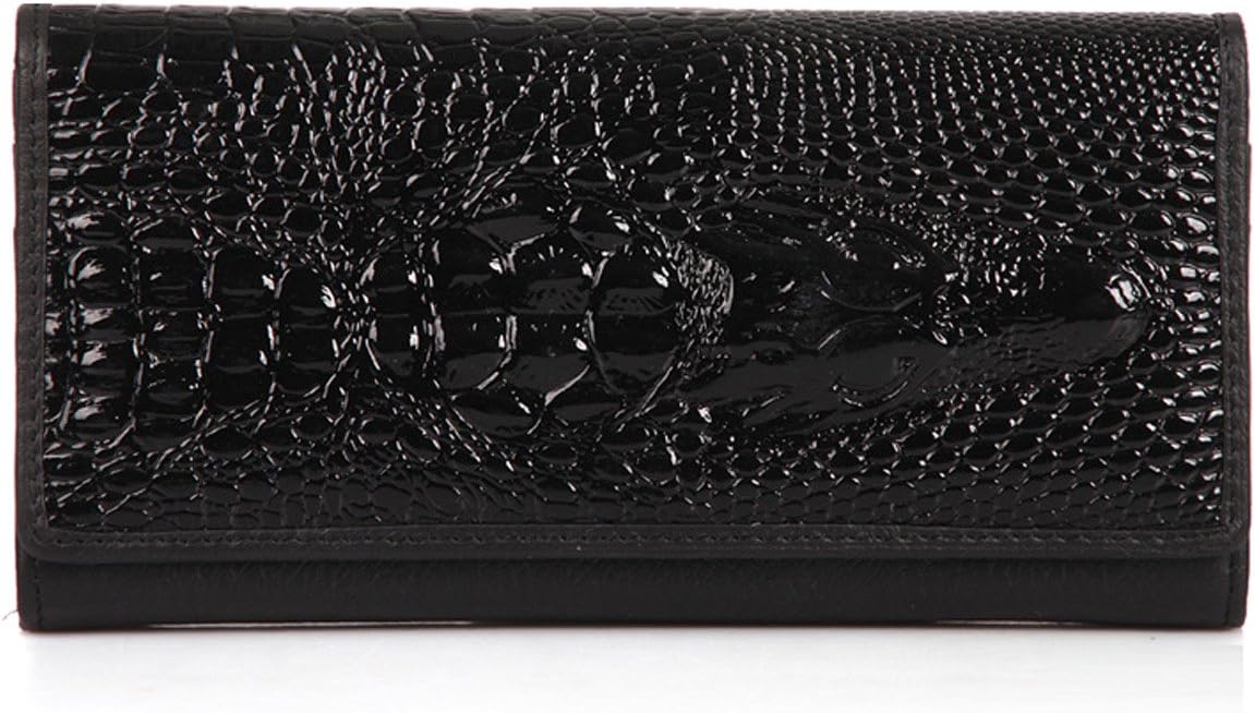 NP BAG Genuine Cow Leather & PU Hasp Long Wallets, Men Women's Crocodile Head Pattern Clutch Purse - Black