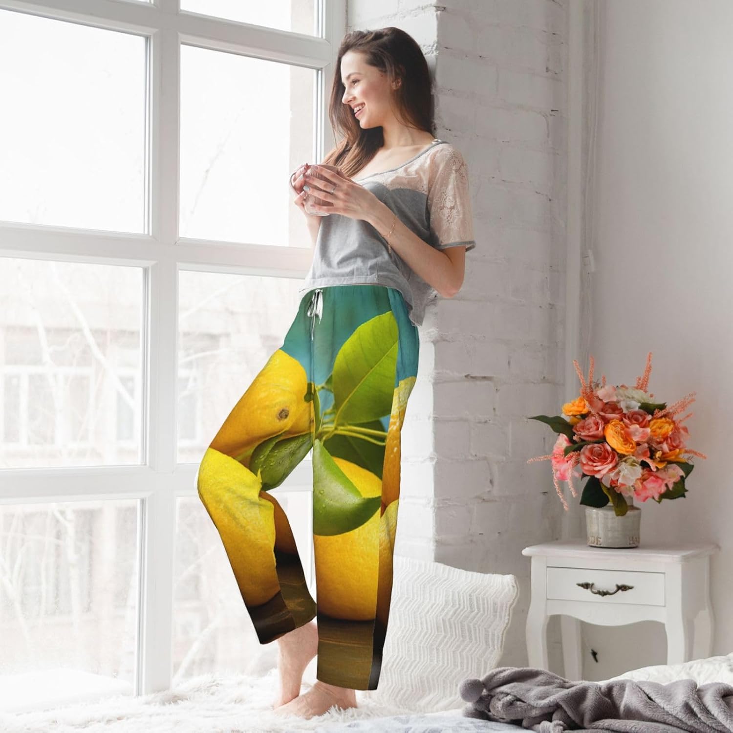 Yellow Fresh Lemons Print Fashion Cozy Womens Flannel Pajama Pants,Perfect For Christmas And Everyday Wear